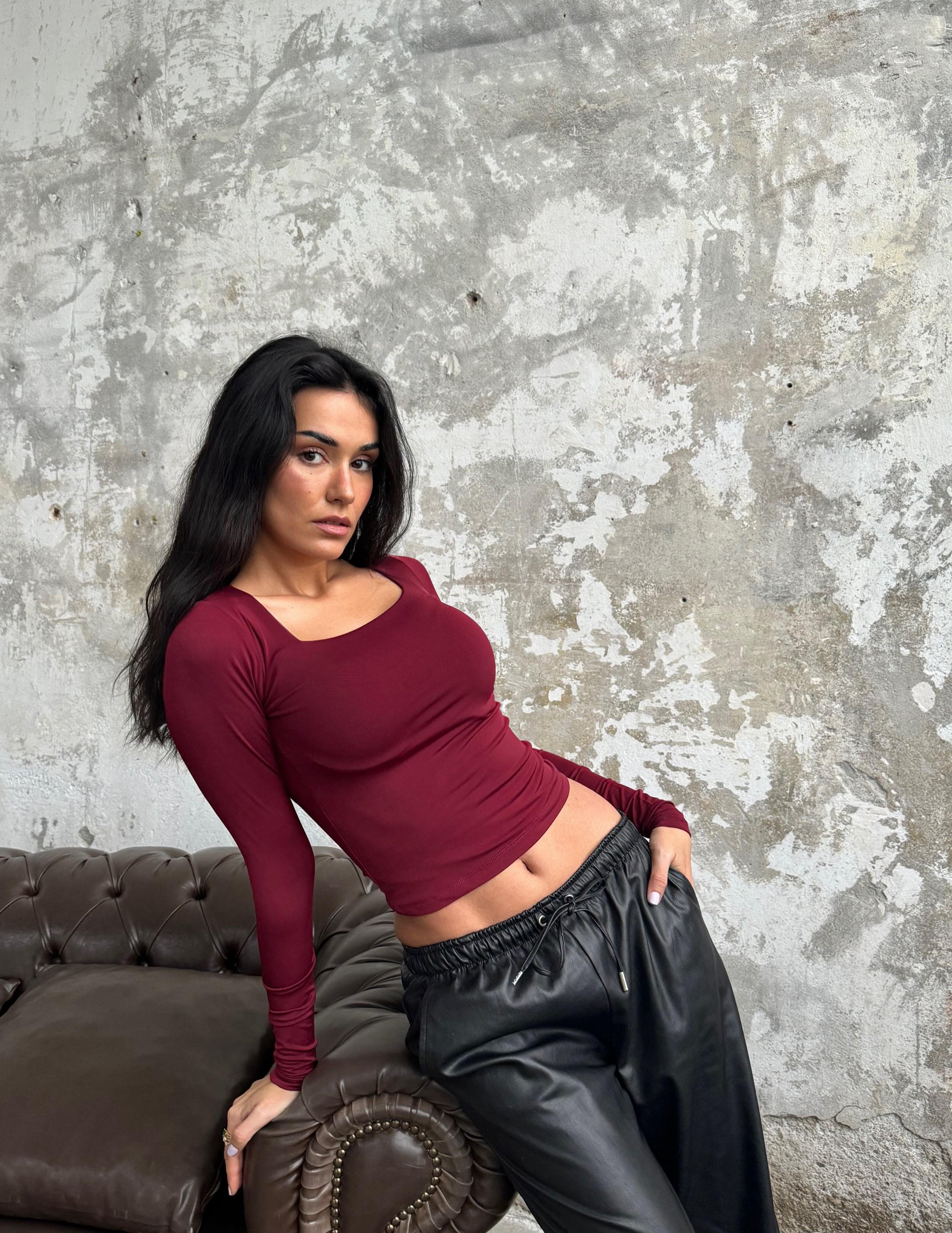 Bordo Kare Yaka Uzun Kollu Slimfit Basic Body 27053