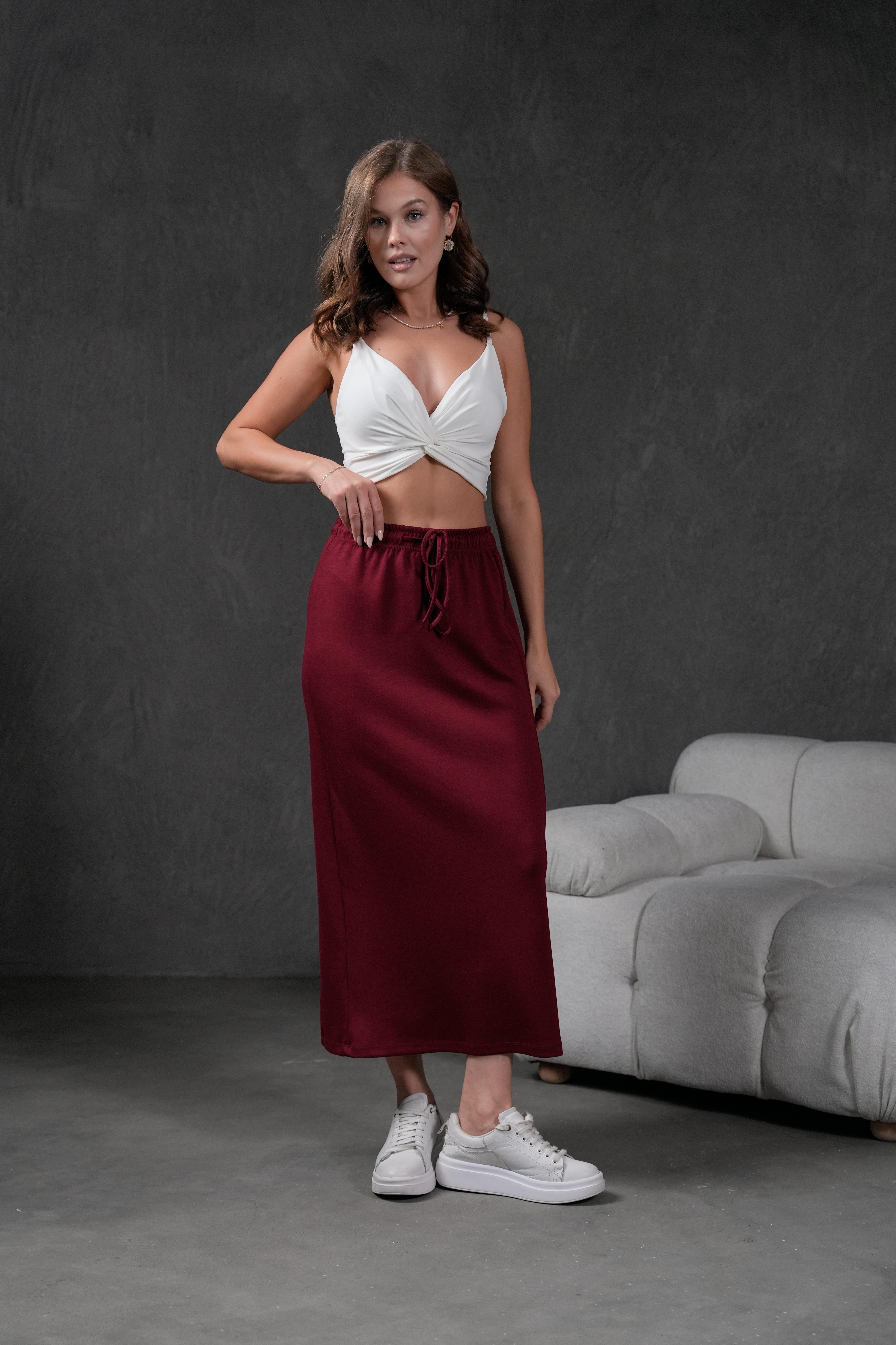 Bordo Örme Modal Beli Lastikli Yırtmaçlı Uzun Kadın Etek 28035