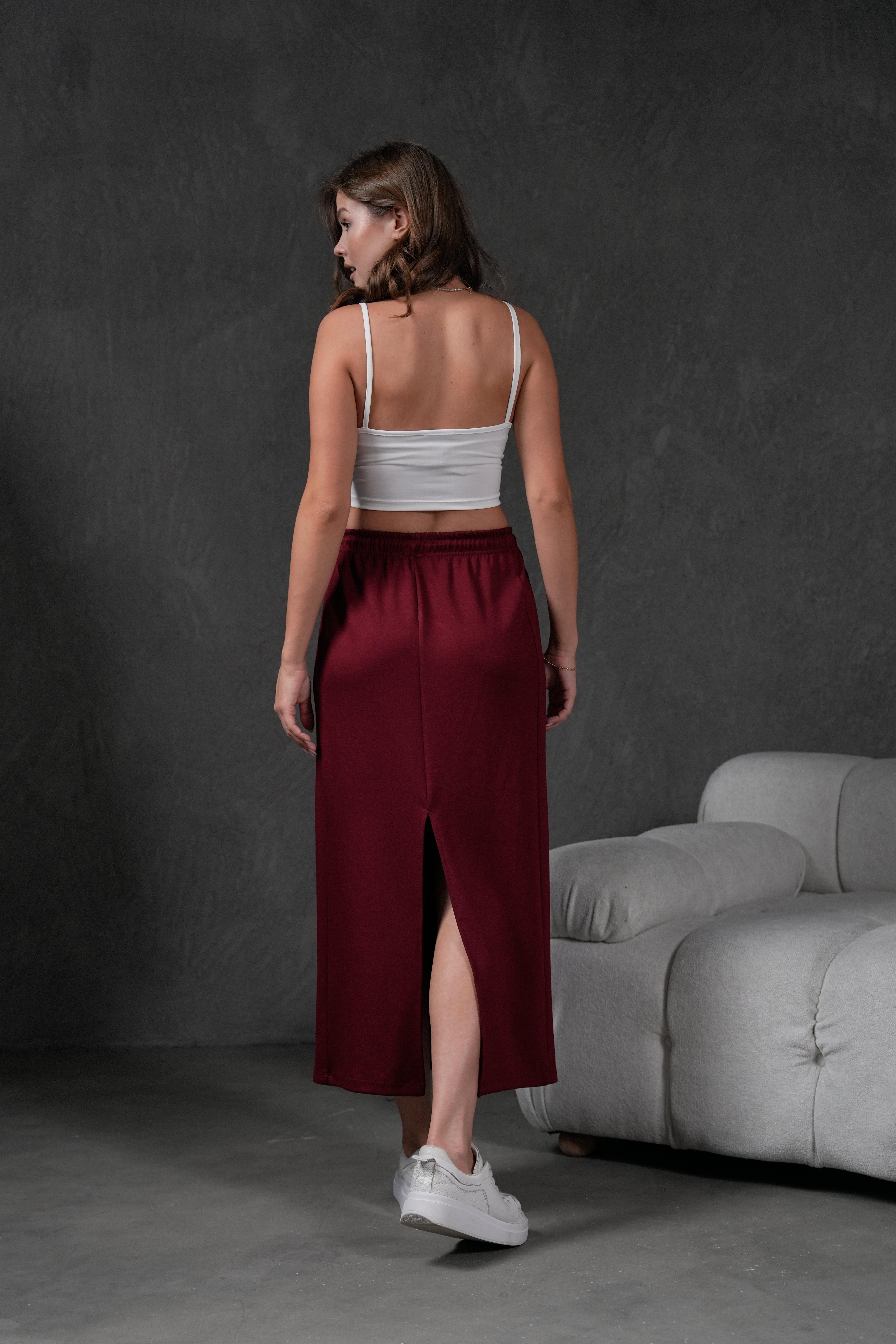 Bordo Örme Modal Beli Lastikli Yırtmaçlı Uzun Kadın Etek 28035