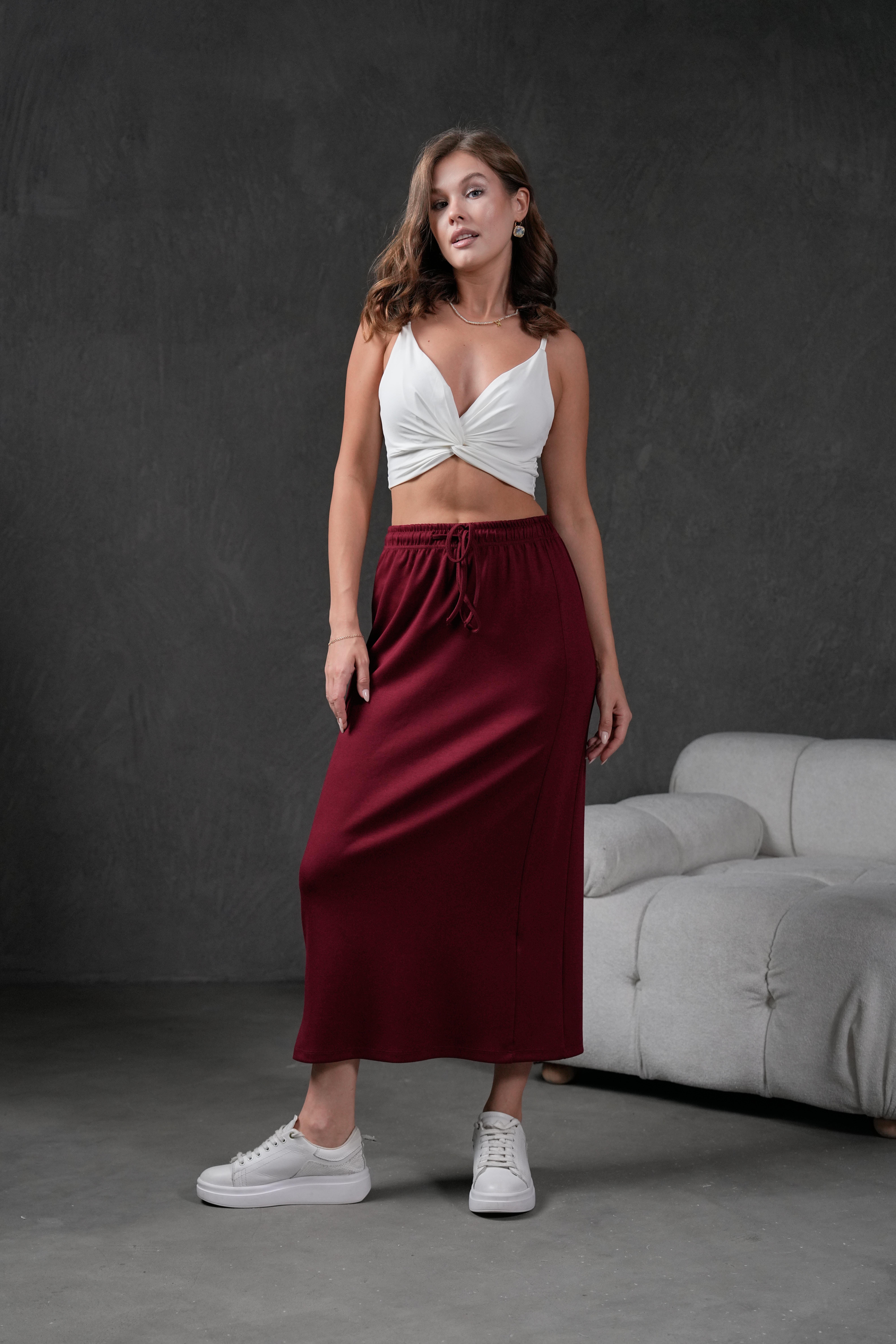 Bordo Örme Modal Beli Lastikli Yırtmaçlı Uzun Kadın Etek 28035