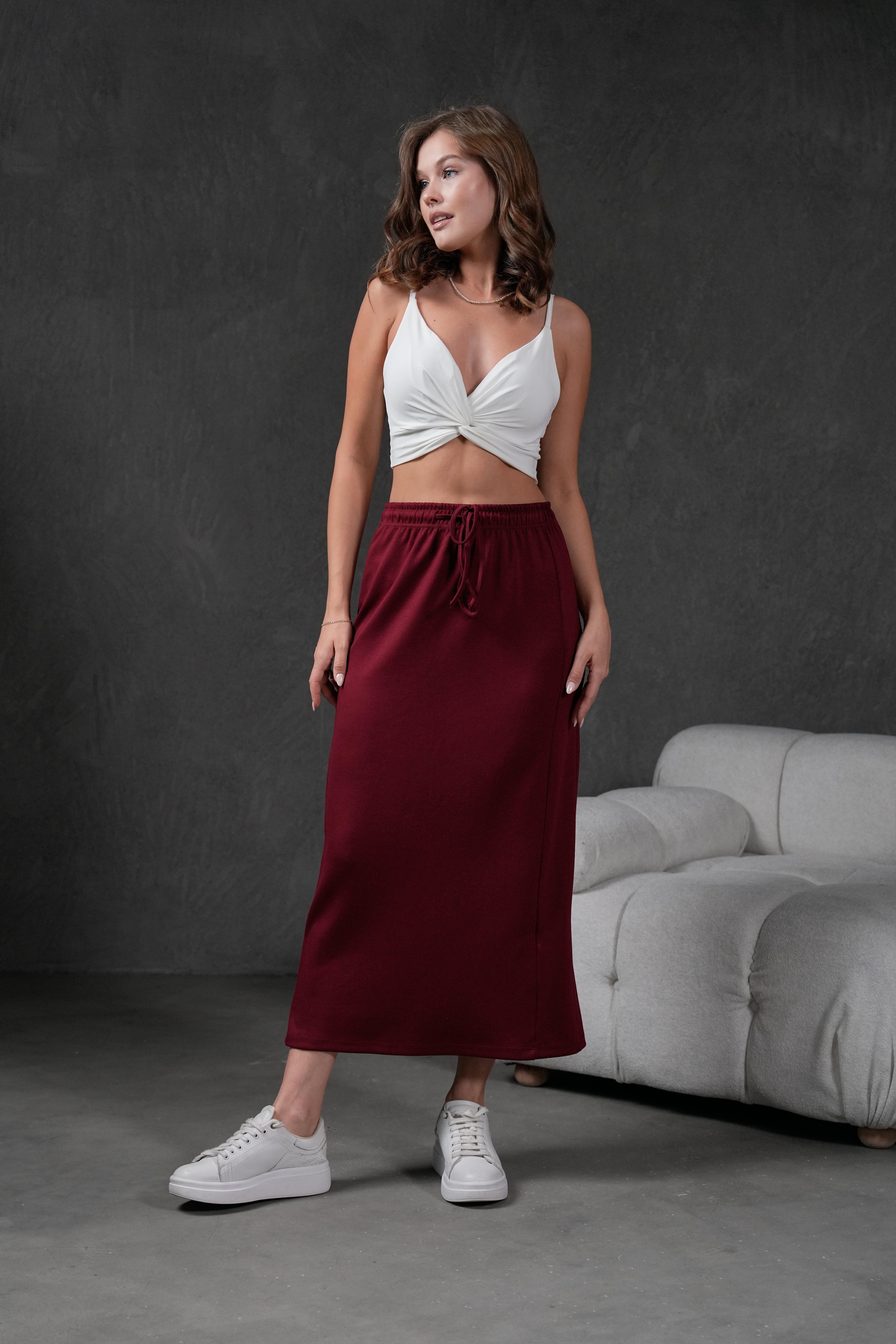 Bordo Örme Modal Beli Lastikli Yırtmaçlı Uzun Kadın Etek 28035