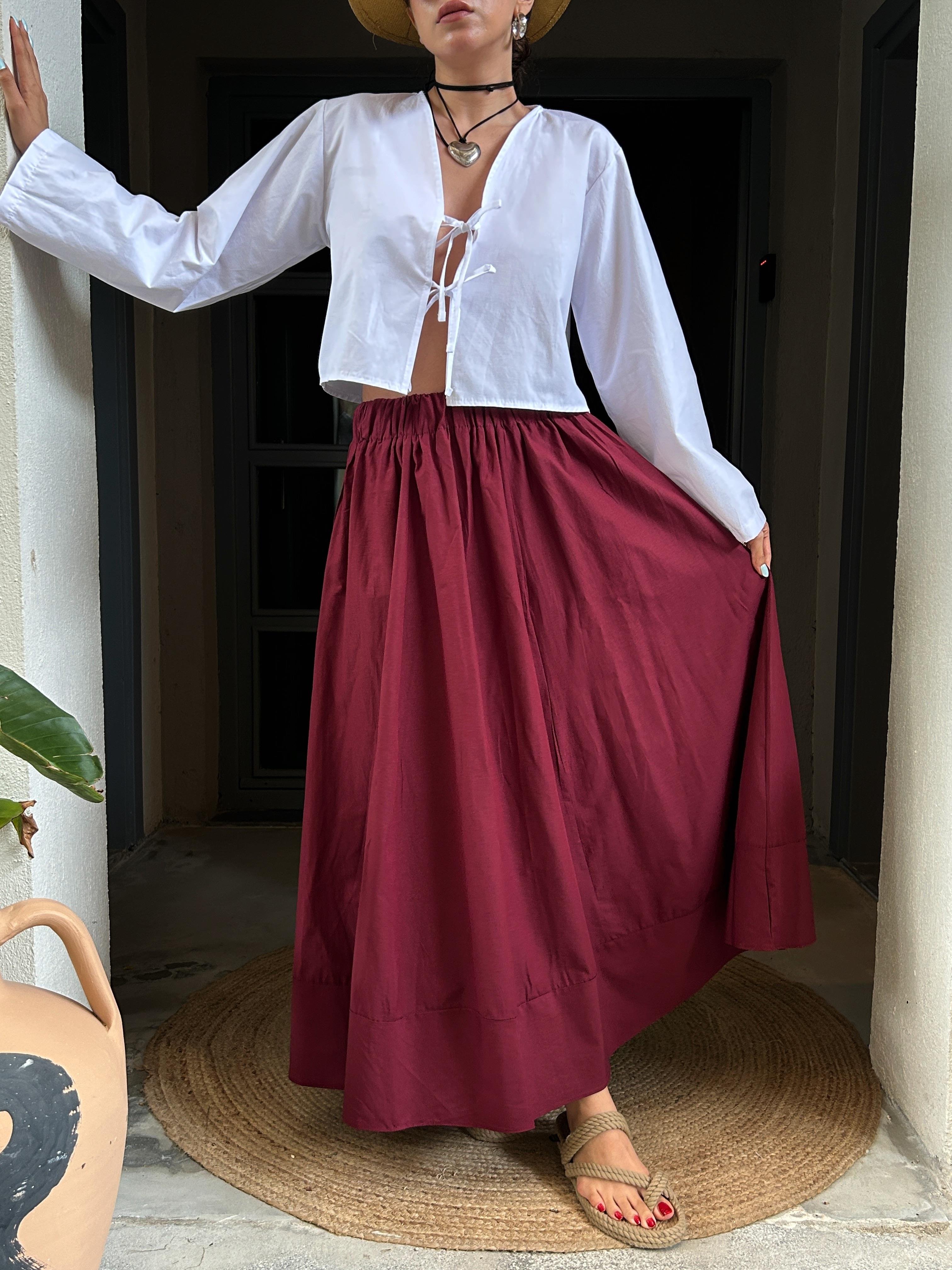 Bordo Poplin Beli Lastikli Uzun Etek 27321