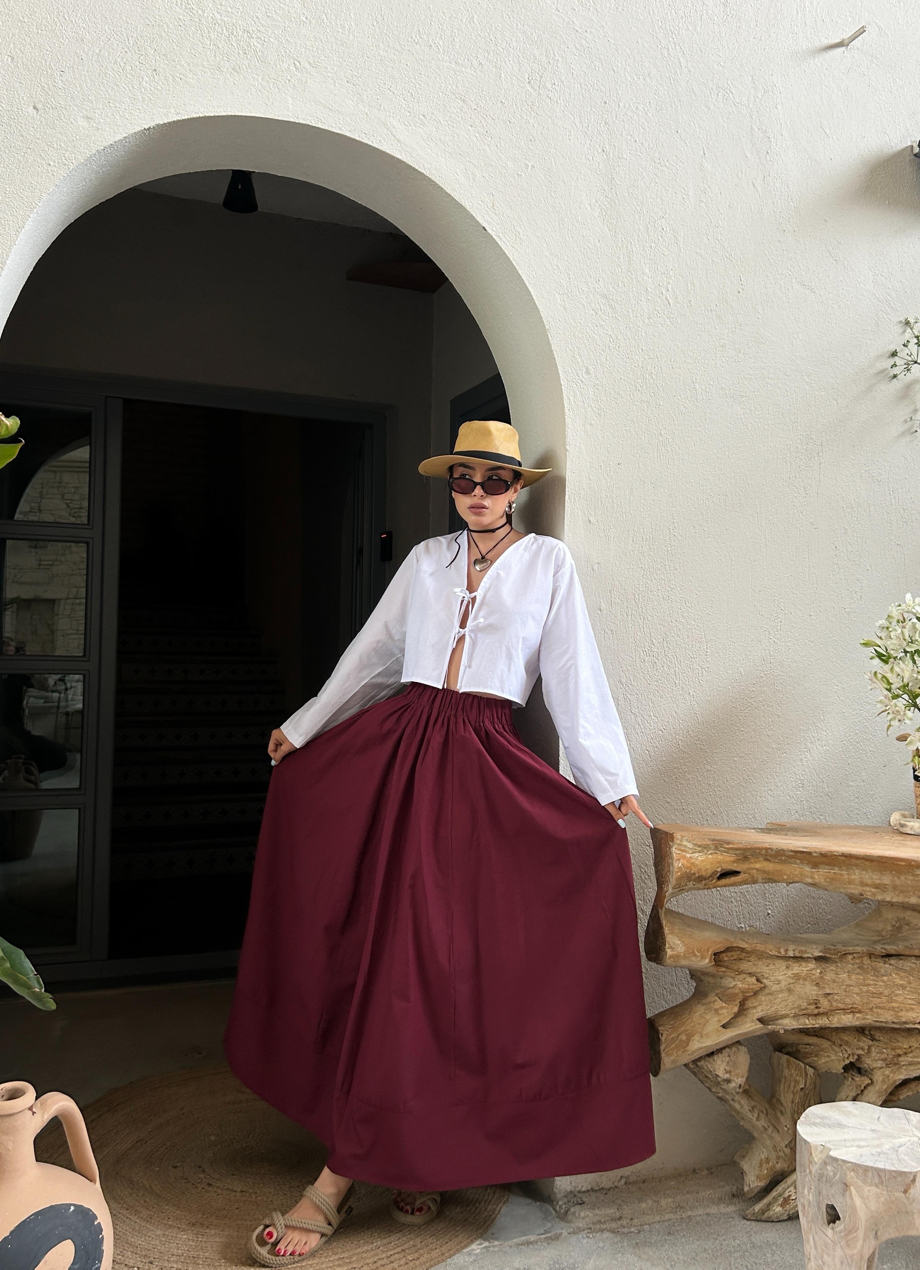 Bordo Poplin Beli Lastikli Uzun Etek 27321