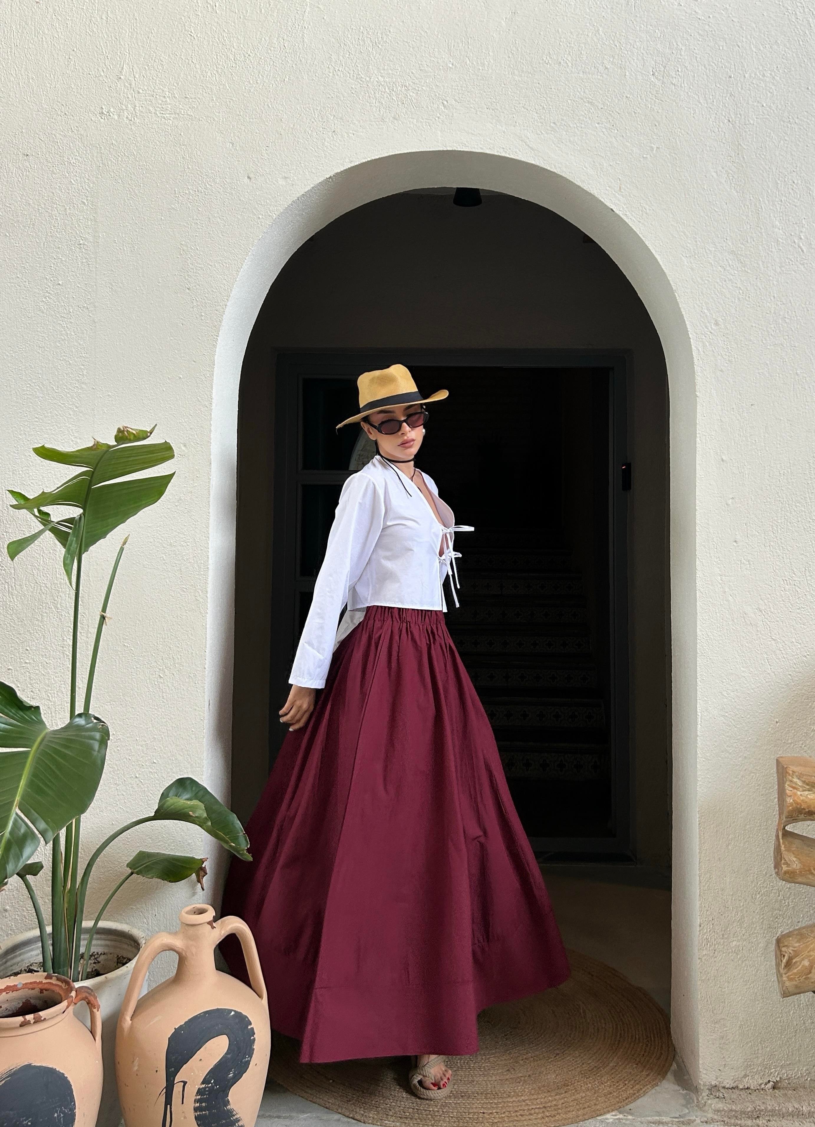 Bordo Poplin Beli Lastikli Uzun Etek 27321