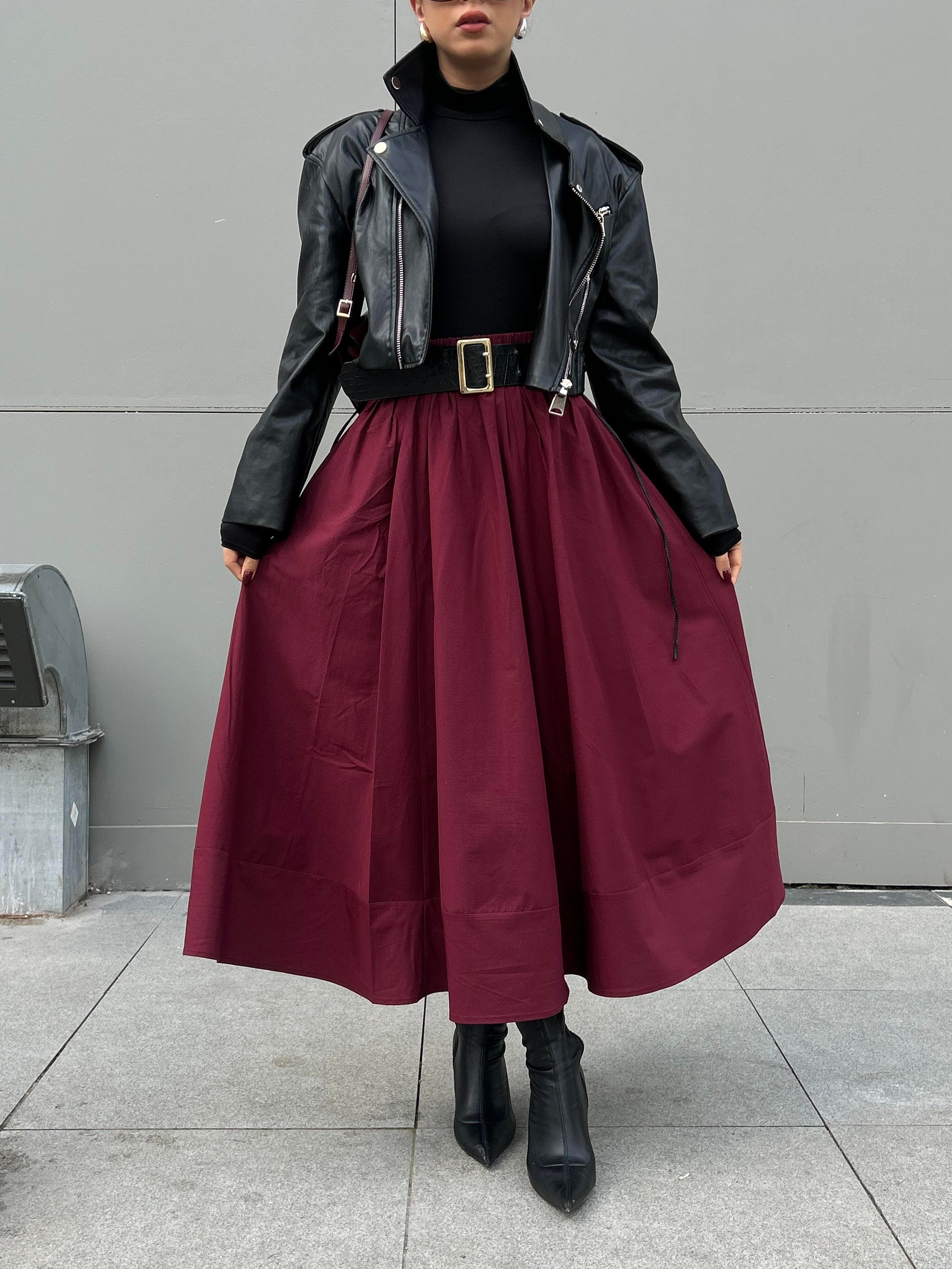 Bordo Poplin Beli Lastikli Uzun Etek 27321