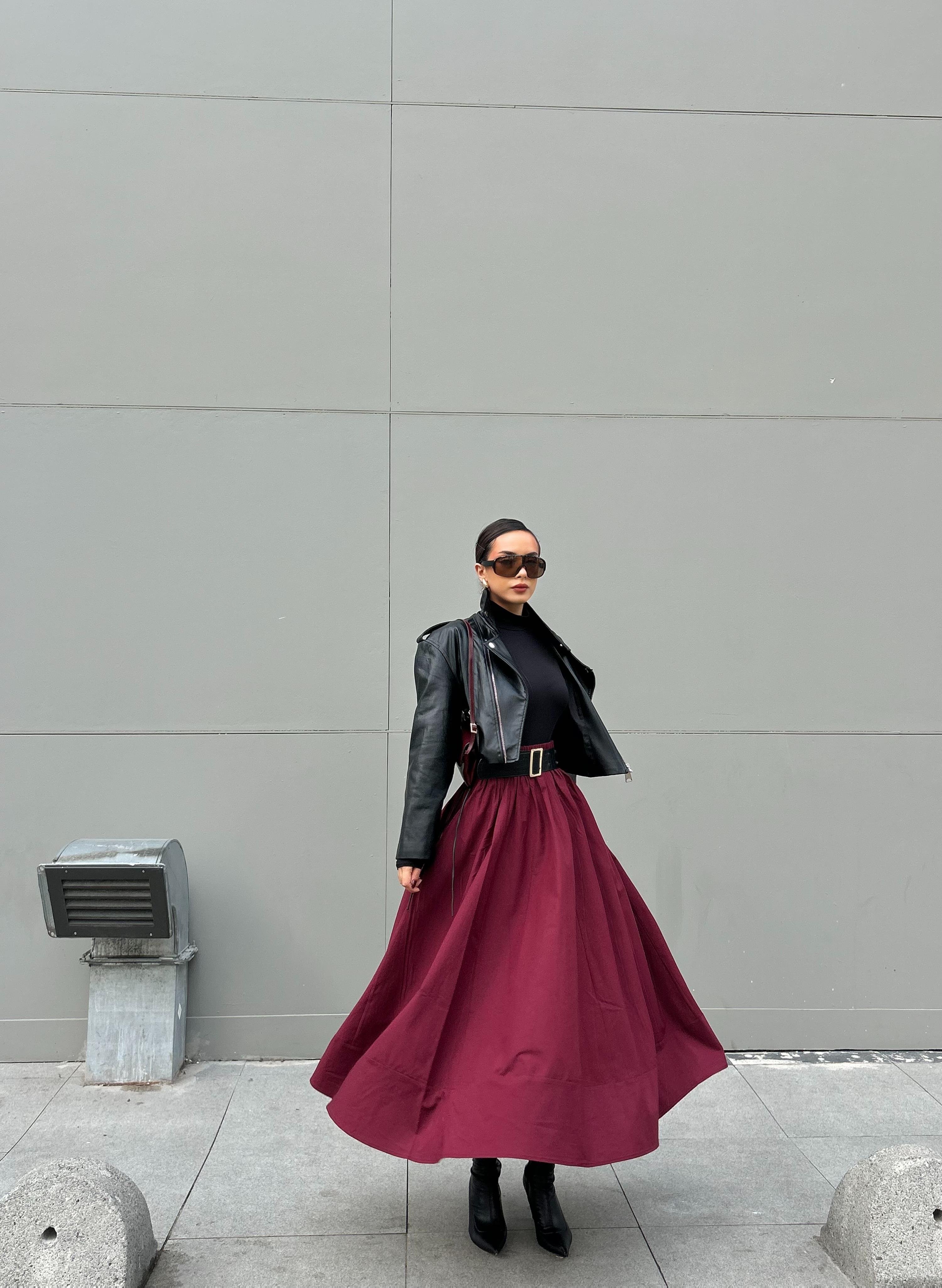 Bordo Poplin Beli Lastikli Uzun Etek 27321