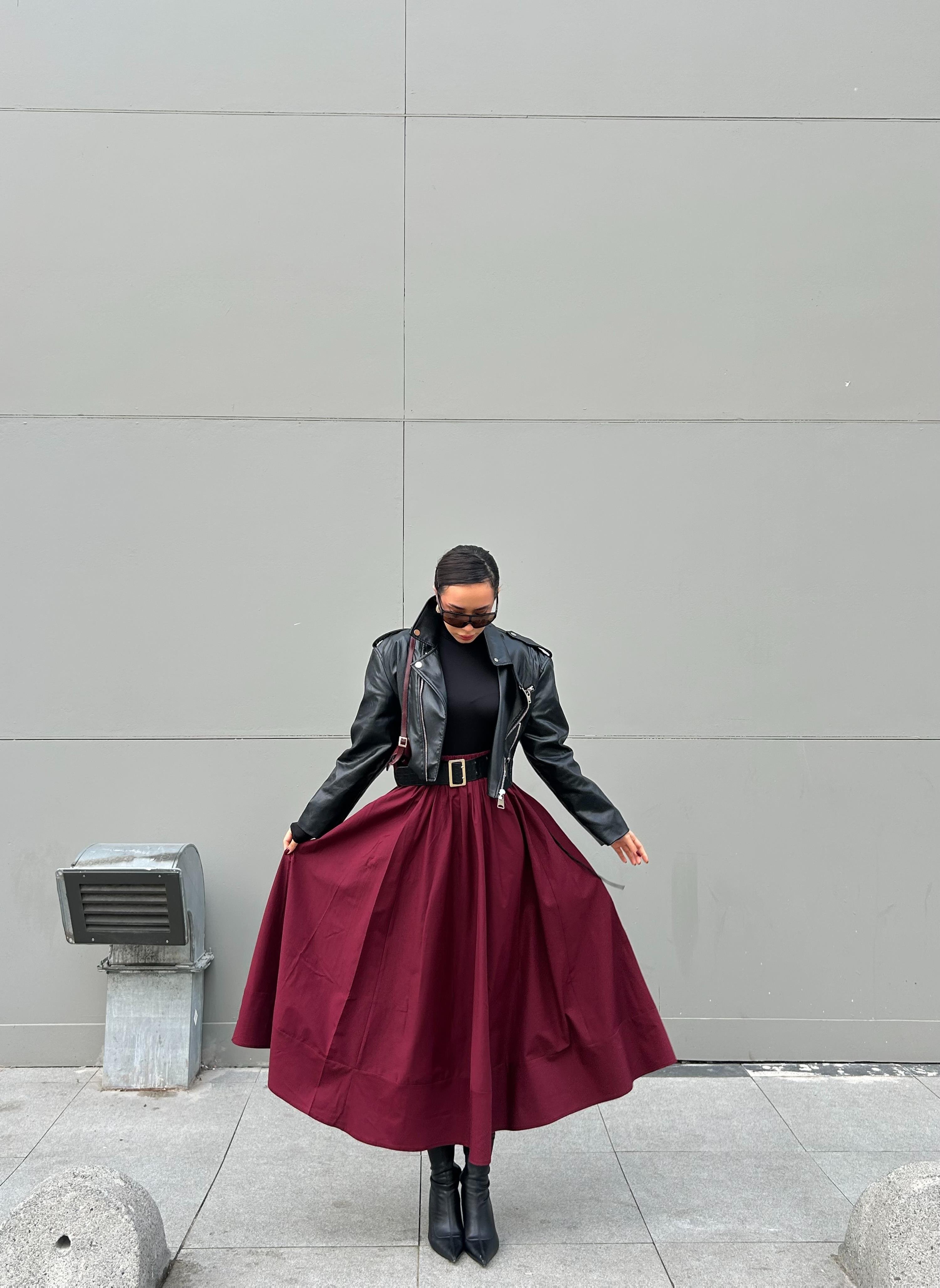 Bordo Poplin Beli Lastikli Uzun Etek 27321