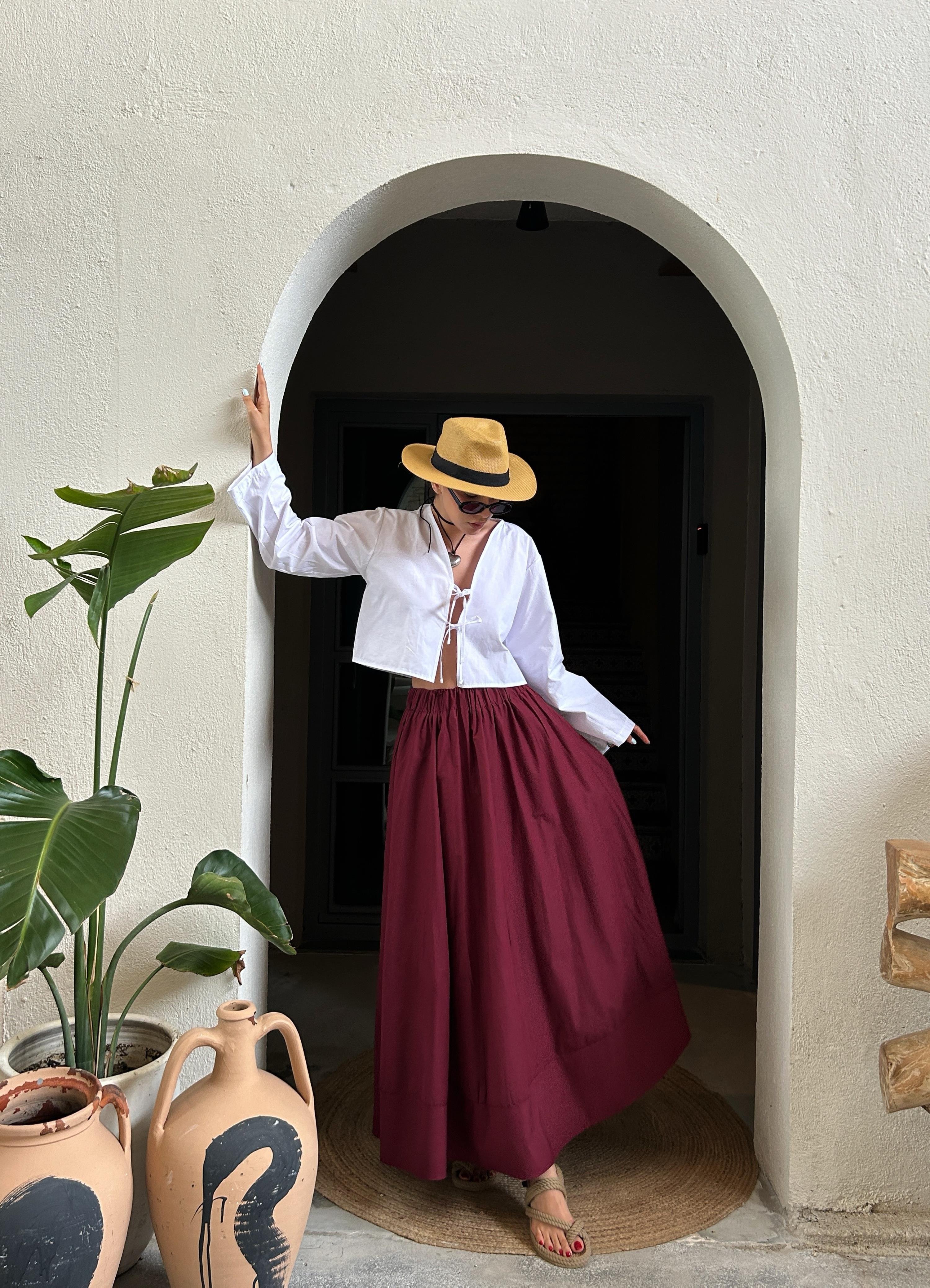 Bordo Poplin Beli Lastikli Uzun Etek 27321