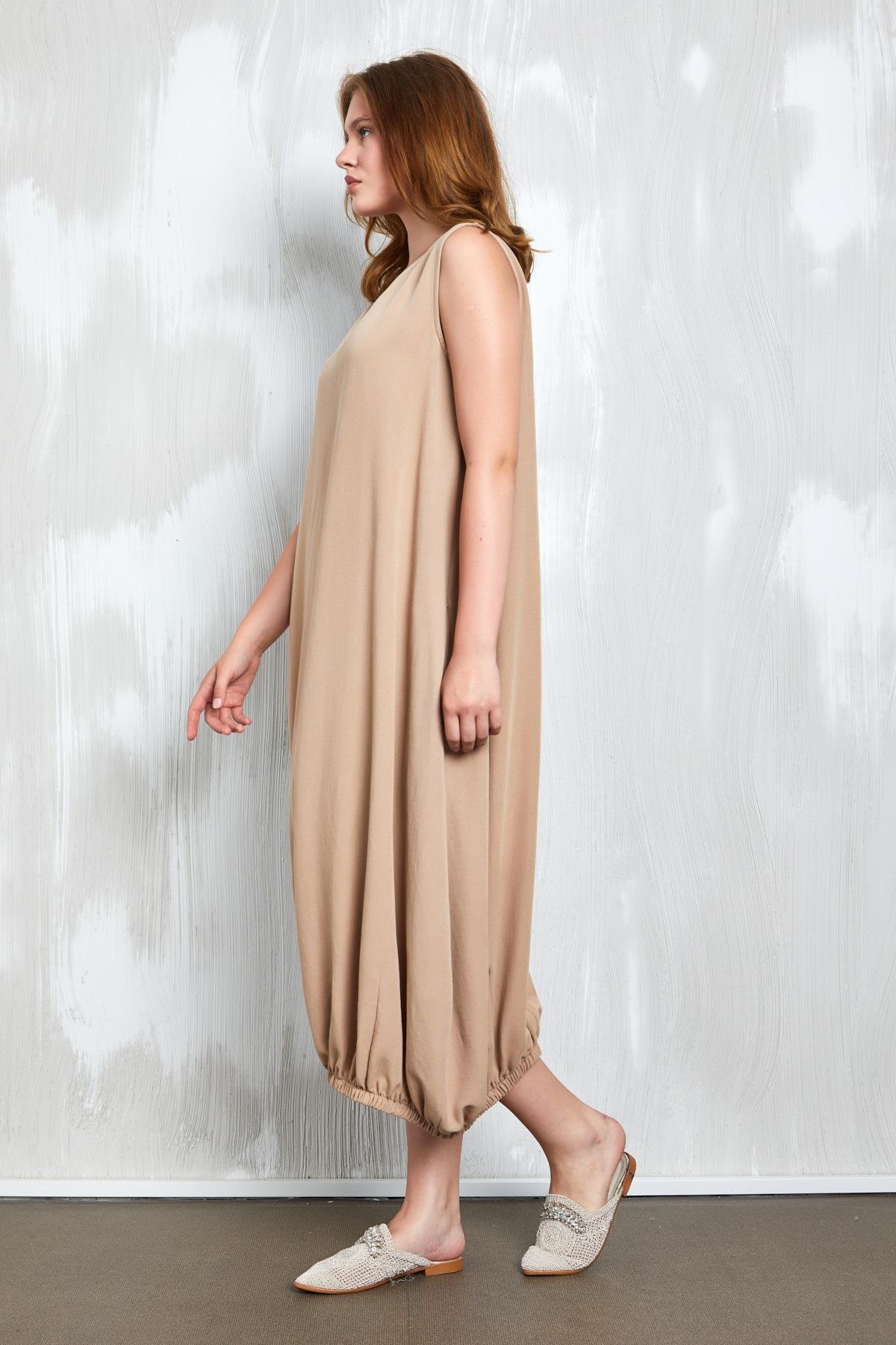 Camel Keten Altı Lastik Detaylı Elbise 27310
