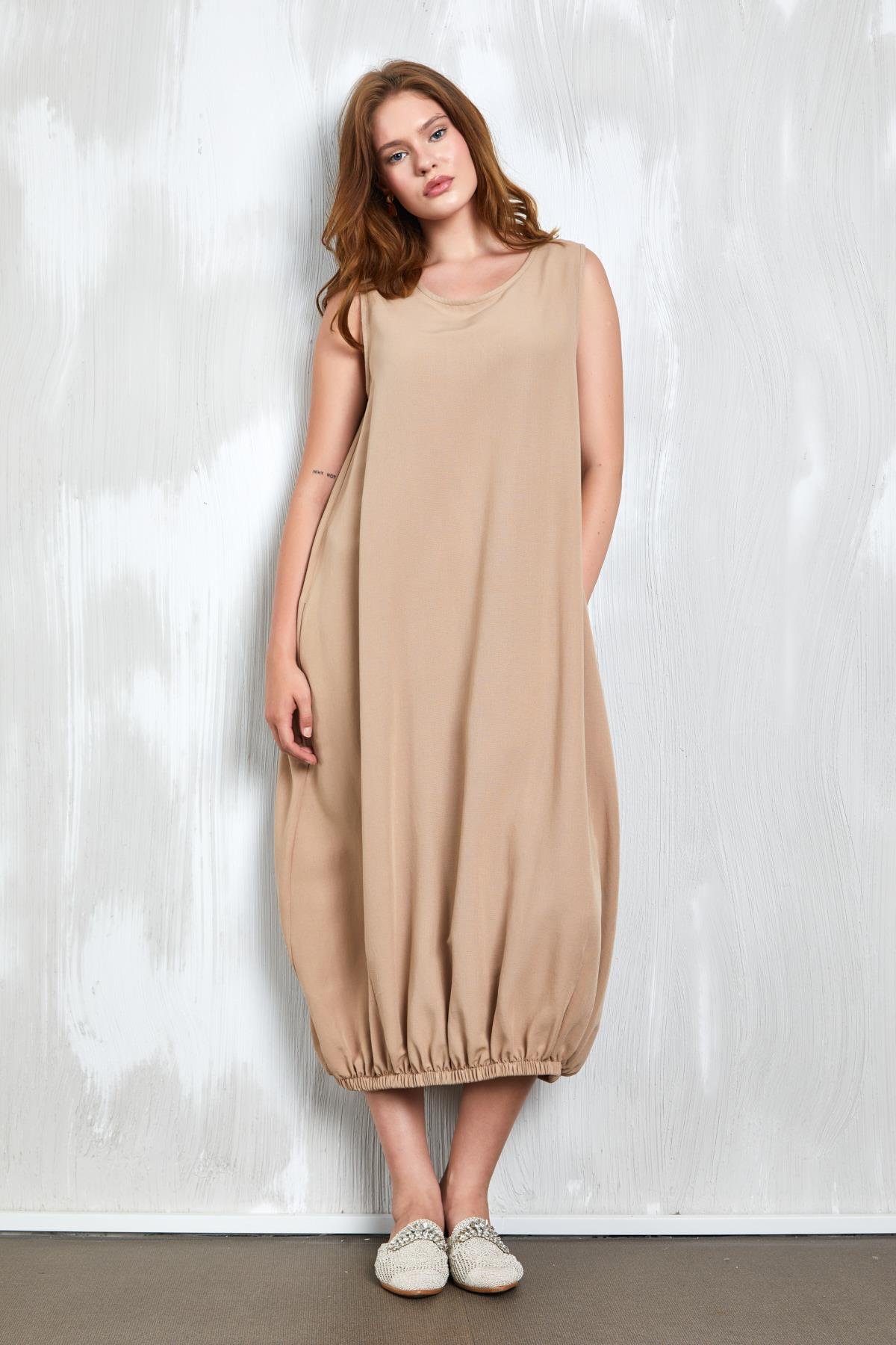 Camel Keten Altı Lastik Detaylı Elbise 27310