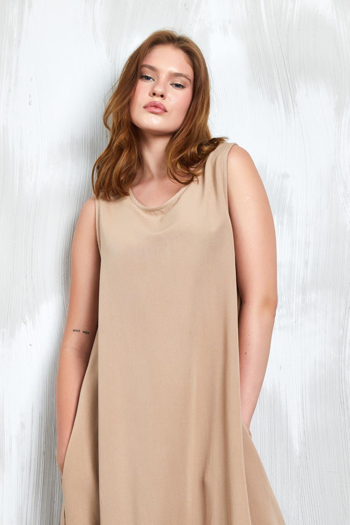 Camel Keten Altı Lastik Detaylı Elbise 27310