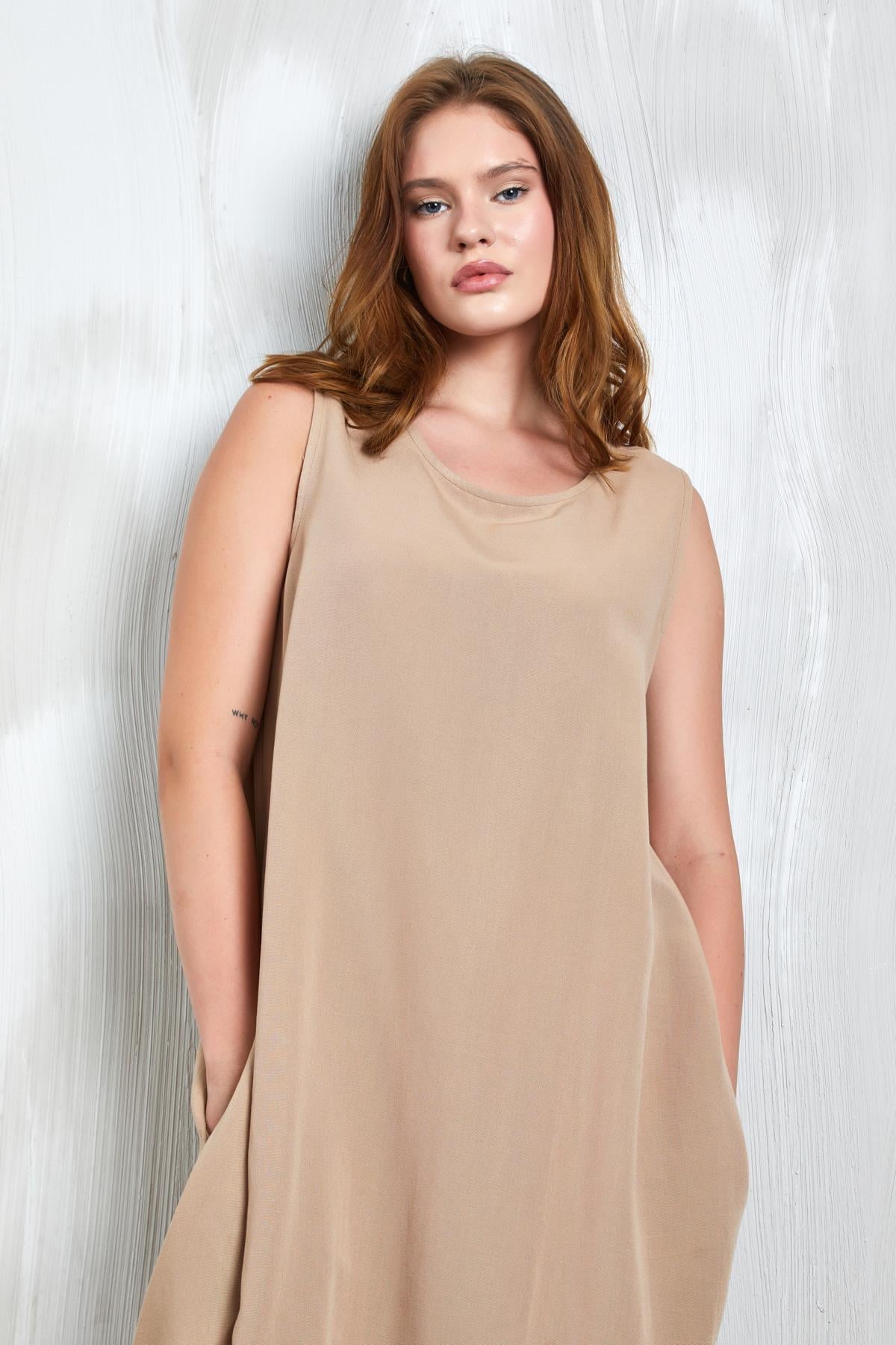 Camel Keten Altı Lastik Detaylı Elbise 27310