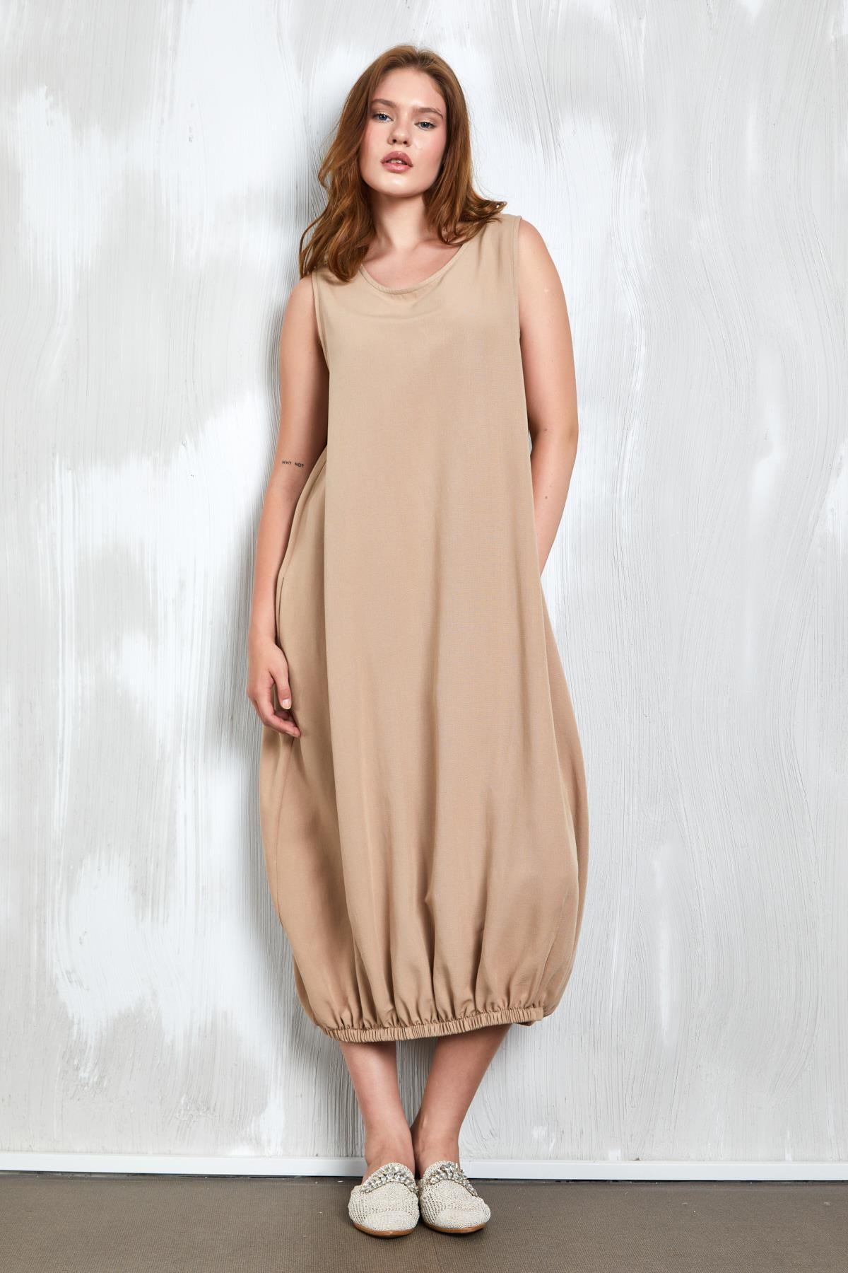 Camel Keten Altı Lastik Detaylı Elbise 27310