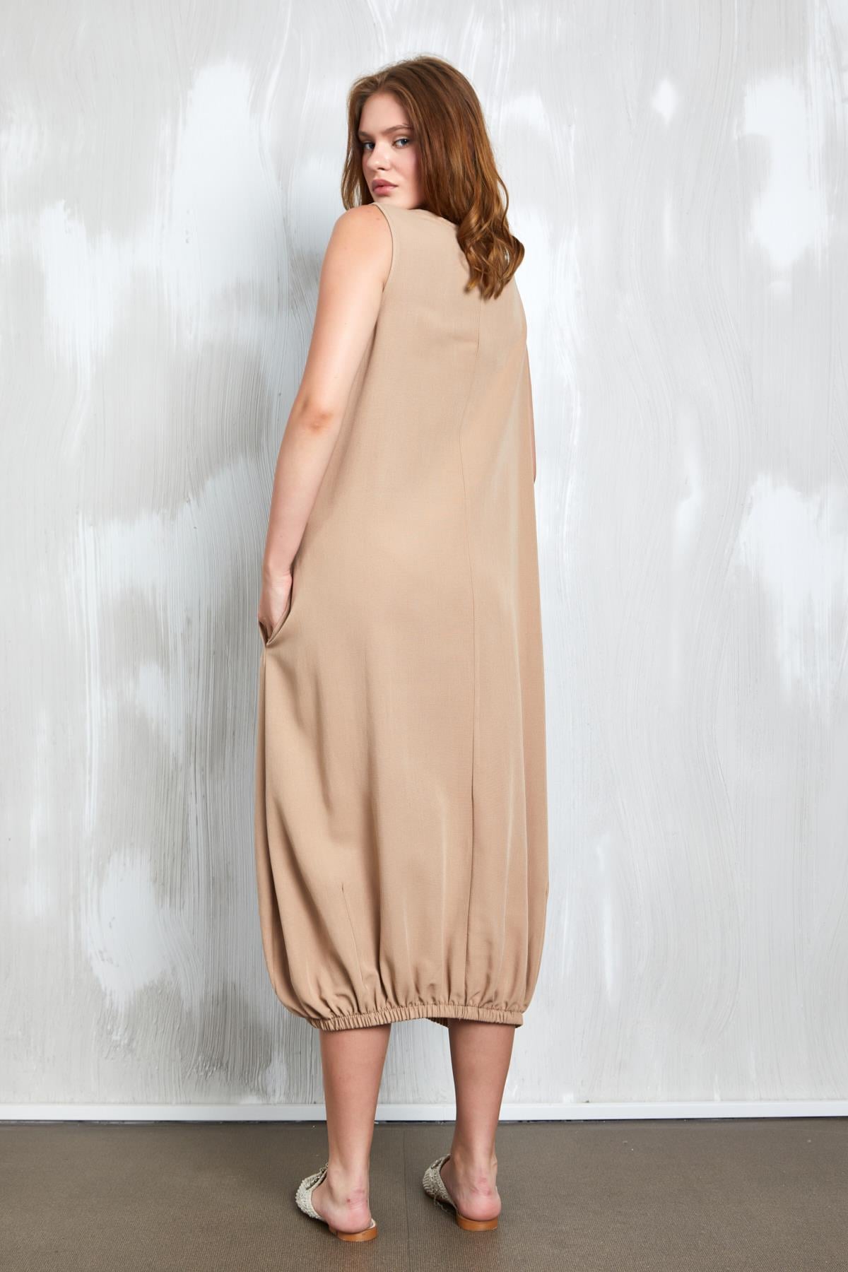 Camel Keten Altı Lastik Detaylı Elbise 27310