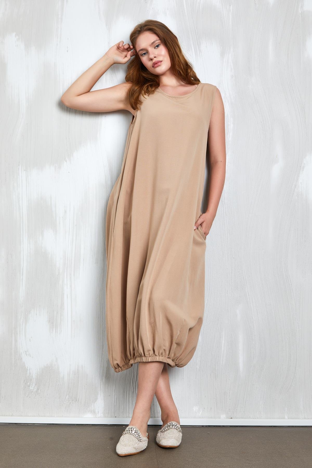 Camel Keten Altı Lastik Detaylı Elbise 27310