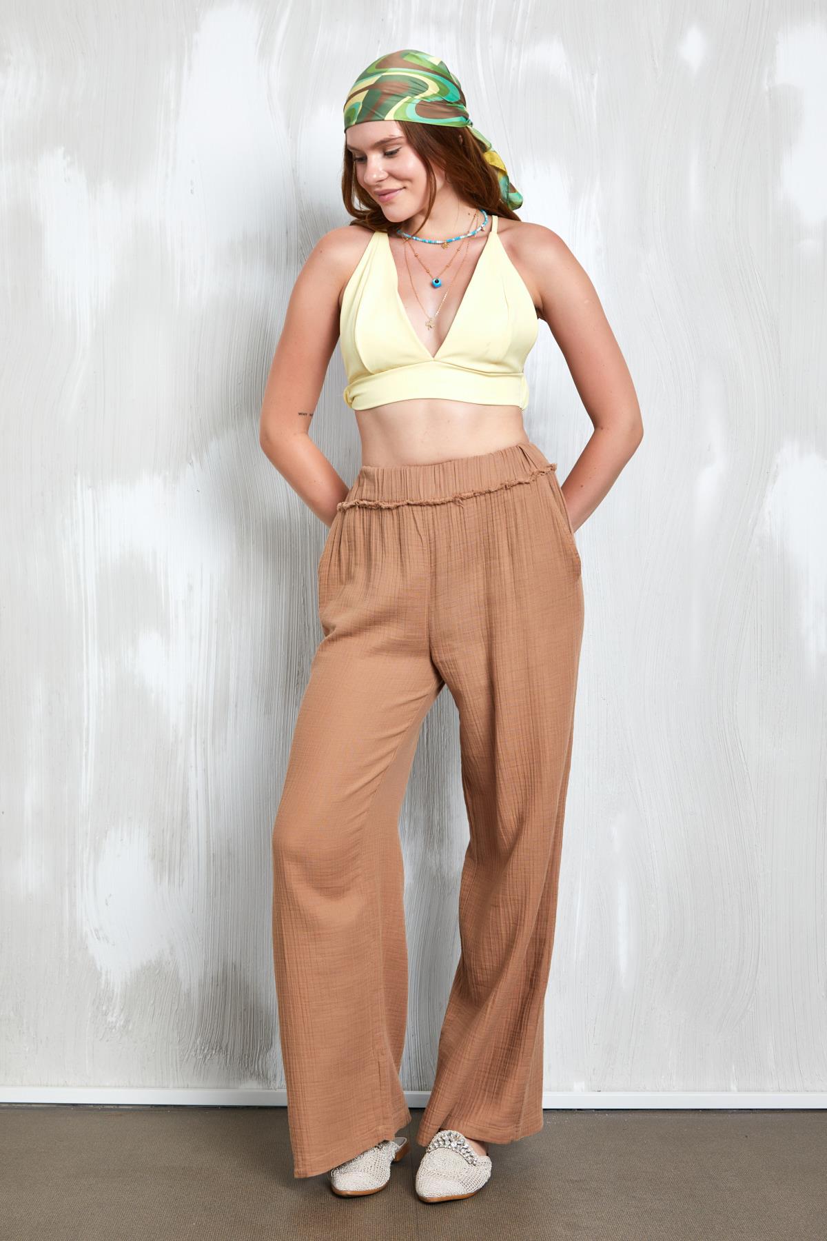 Camel Müslin Kumaş Beli Lastikli Bol Kesim Pantolon 27352