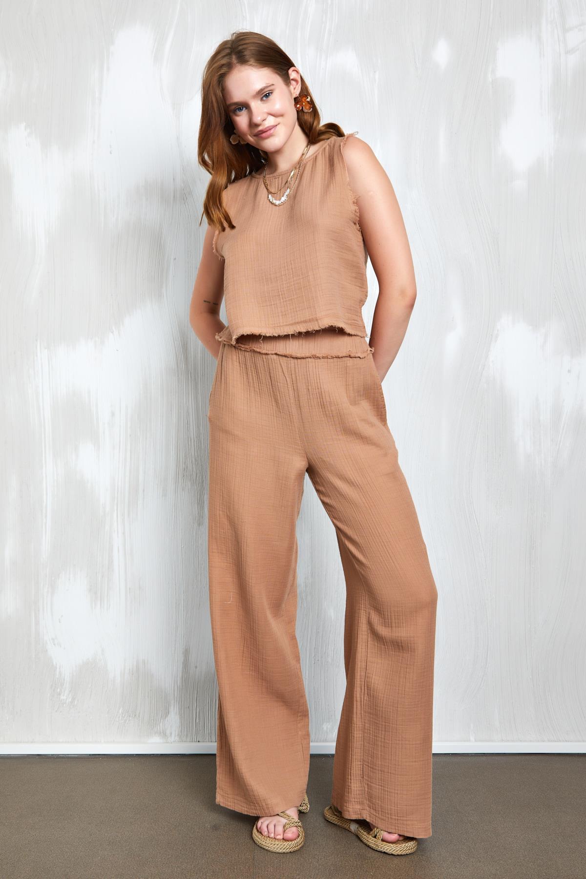 Camel Müslin Kumaş Beli Lastikli Bol Kesim Pantolon 27352