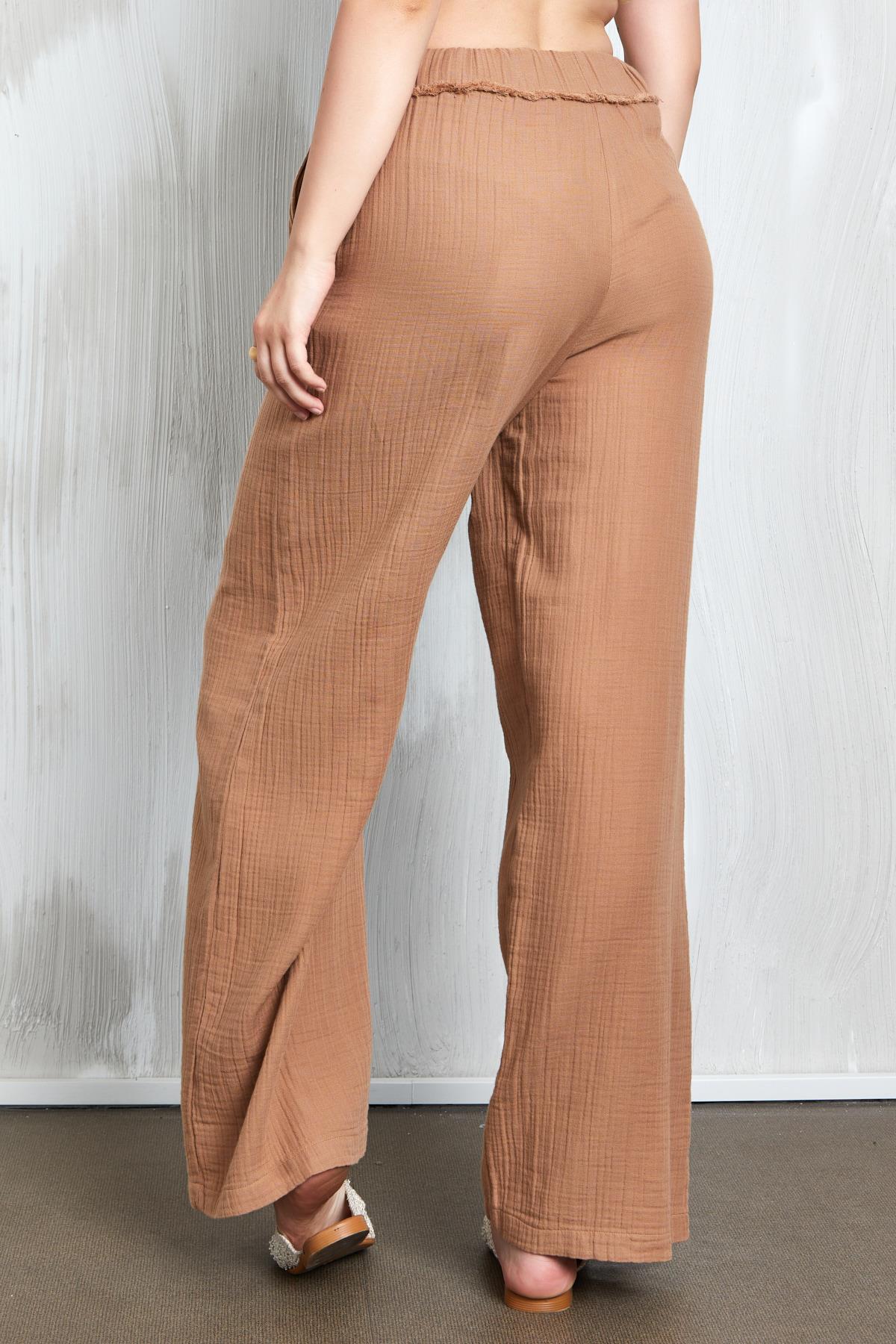 Camel Müslin Kumaş Beli Lastikli Bol Kesim Pantolon 27352