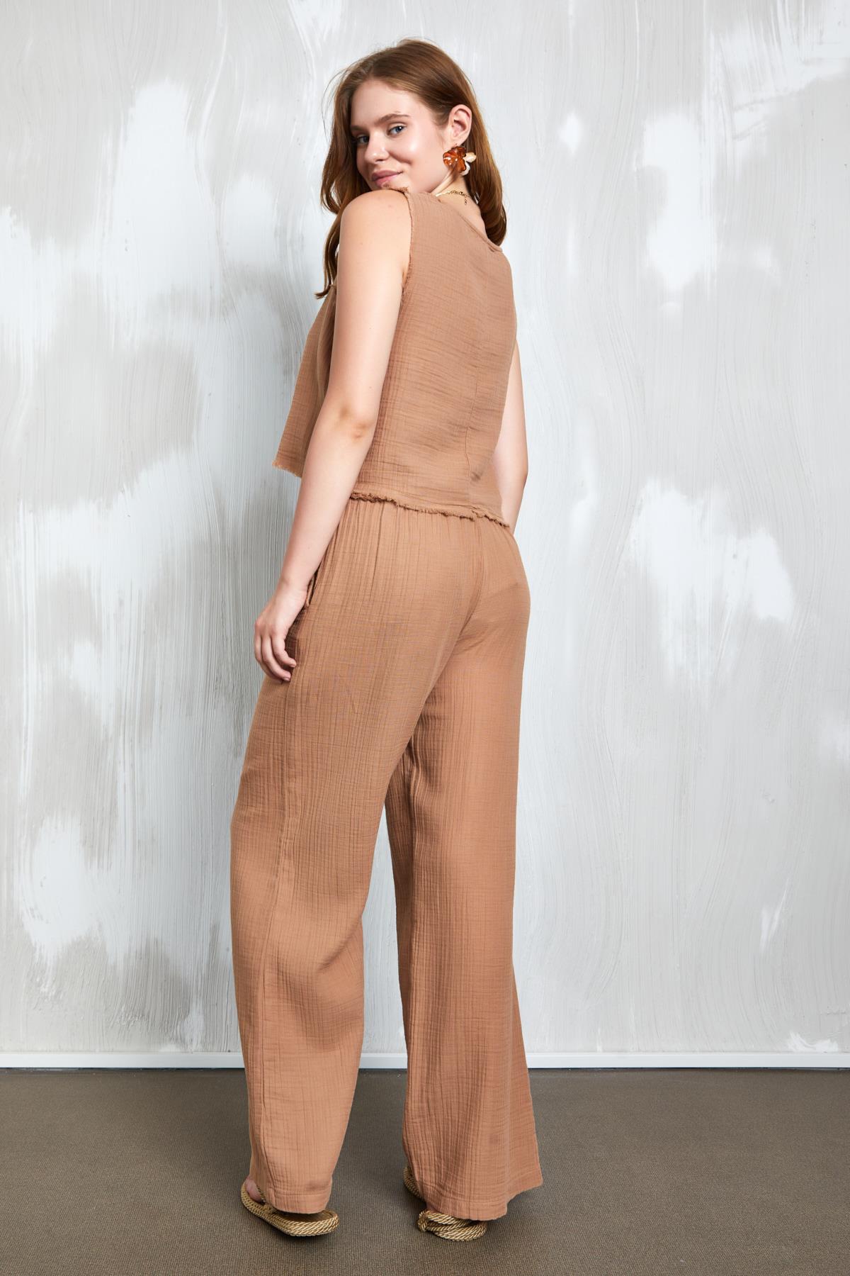 Camel Müslin Kumaş Beli Lastikli Bol Kesim Pantolon 27352