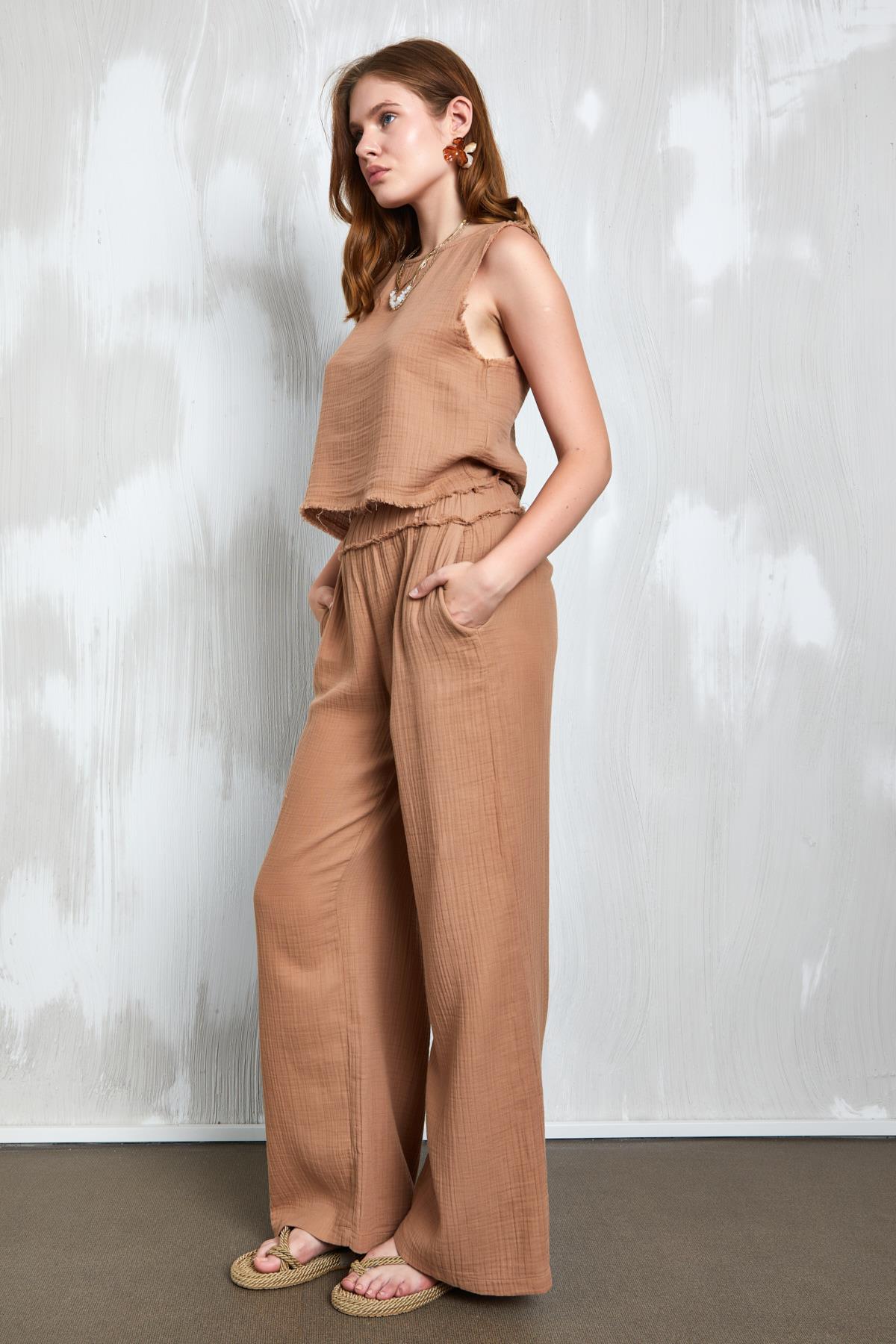 Camel Müslin Kumaş Beli Lastikli Bol Kesim Pantolon 27352