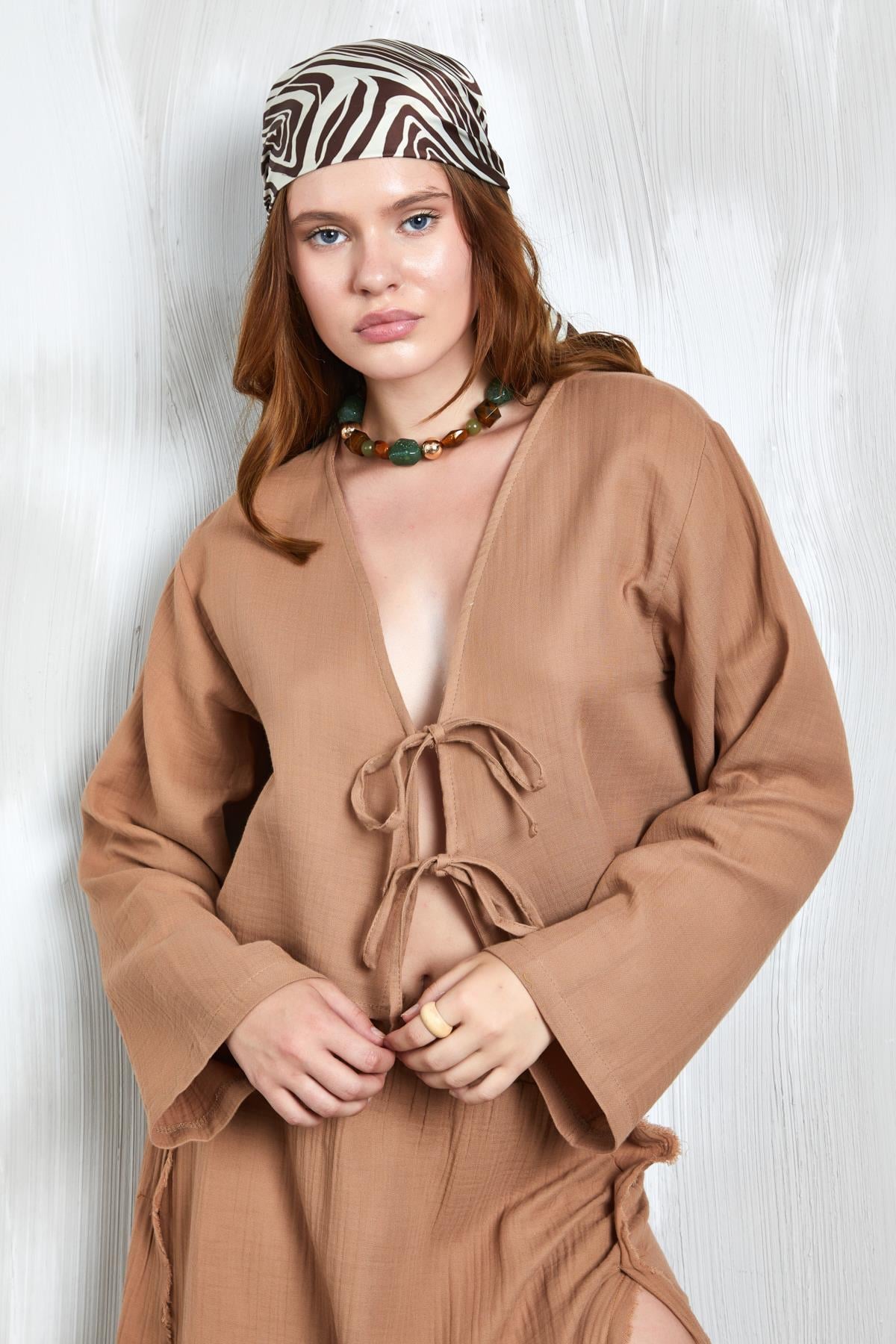Camel Müslin Kumaş Önden Bağlamalı Bluz 27355