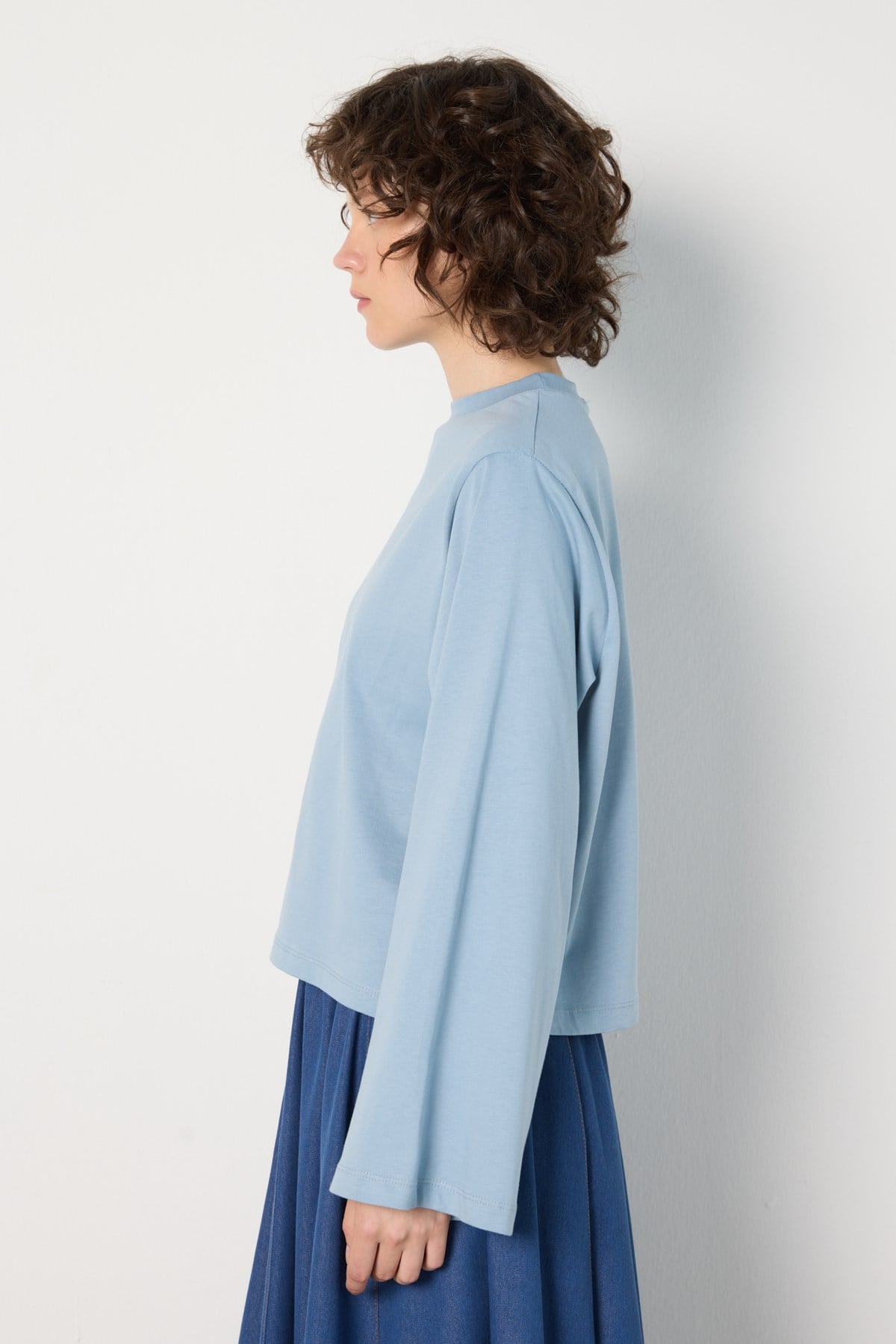 Crop Geniş Kol Oversize Basic T-shirt Mavi