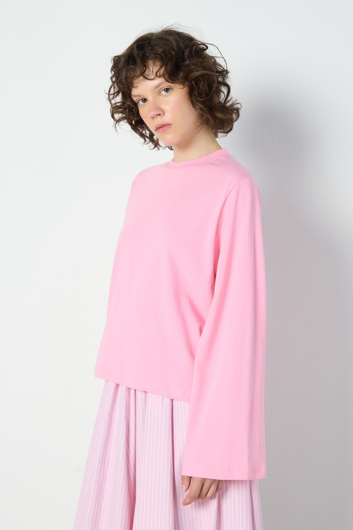 Crop Geniş Kol Oversize Basic T-shirt Pembe
