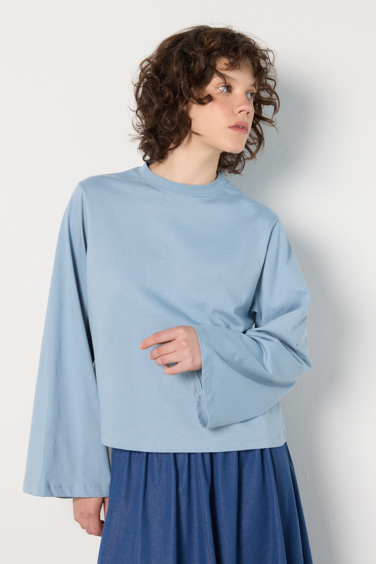 Crop Geniş Kol Oversize Basic T-shirt Mavi
