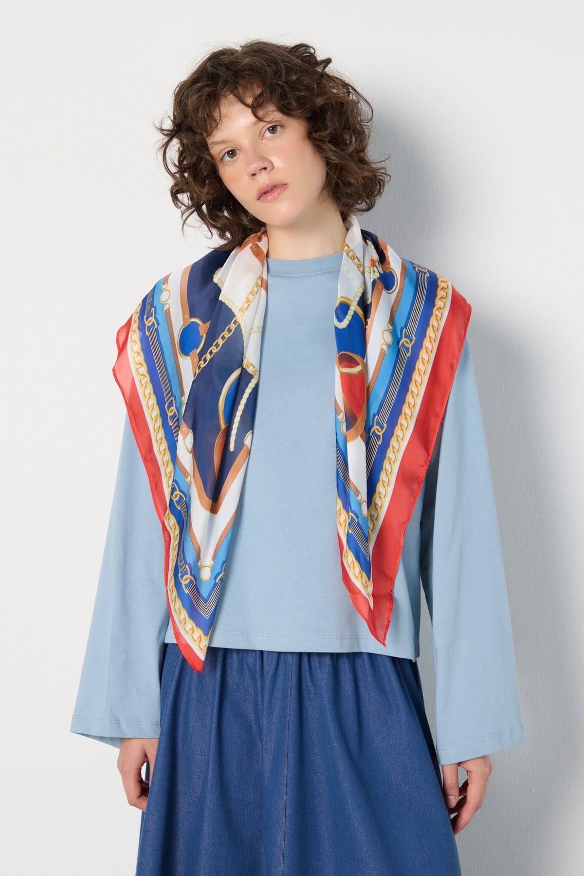 Crop Geniş Kol Oversize Basic T-shirt Mavi
