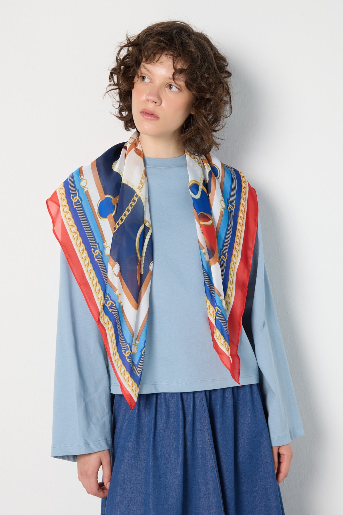 Crop Geniş Kol Oversize Basic T-shirt Mavi