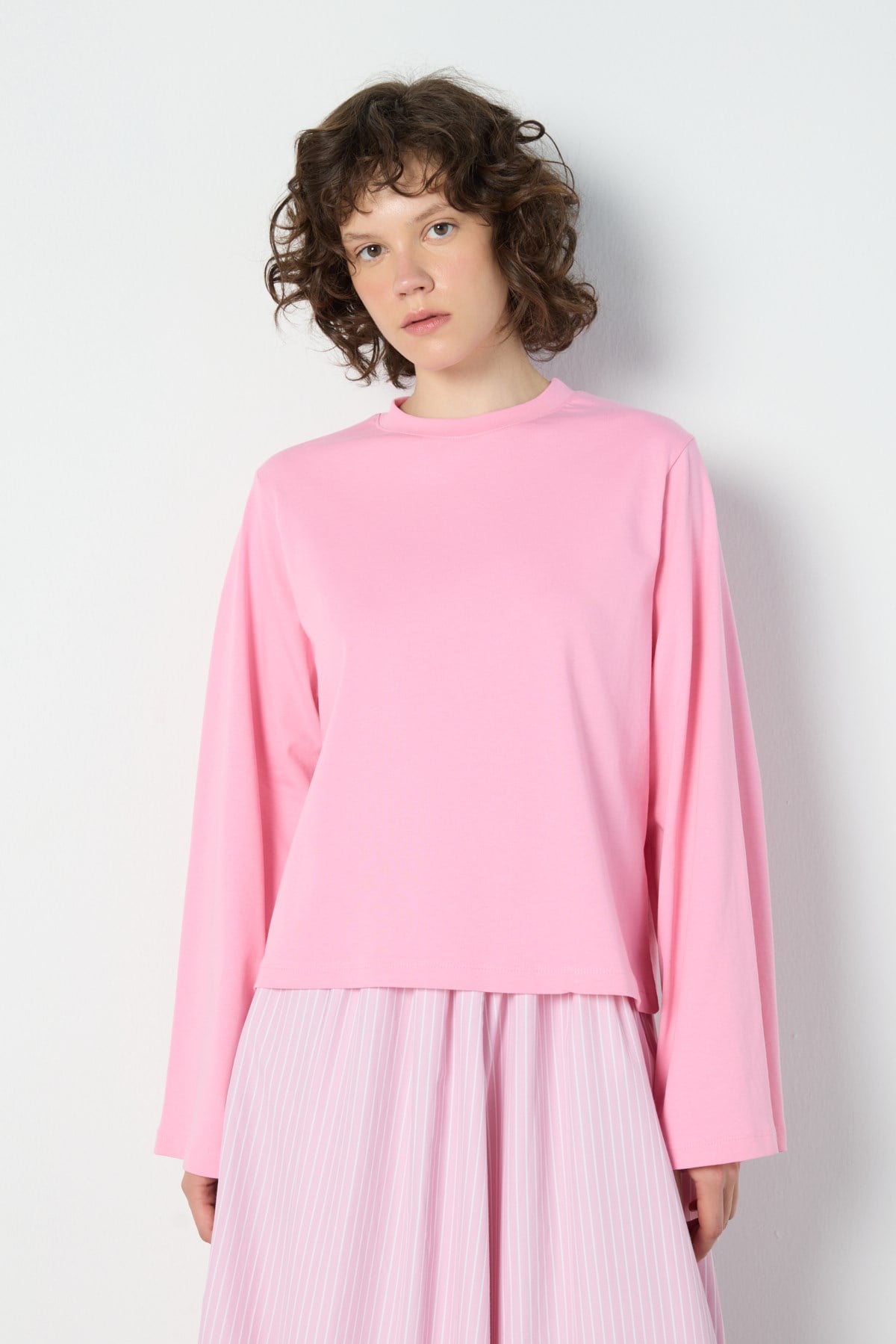 Crop Geniş Kol Oversize Basic T-shirt Pembe