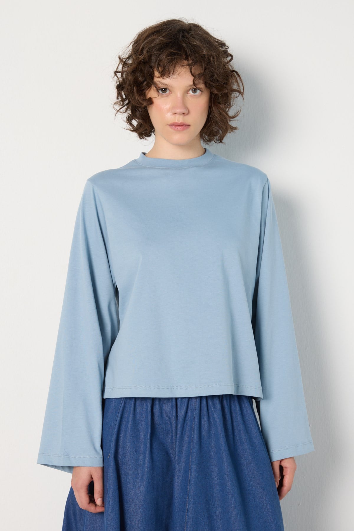Crop Geniş Kol Oversize Basic T-shirt Mavi