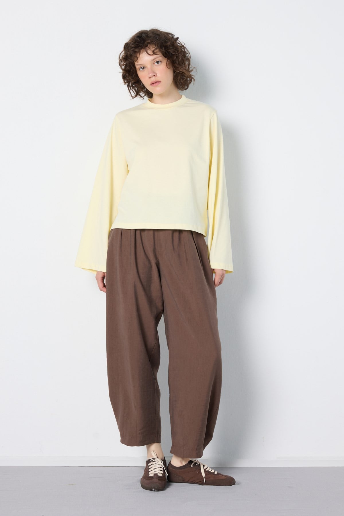 Crop Geniş Kol Oversize Basic T-shirt Sarı