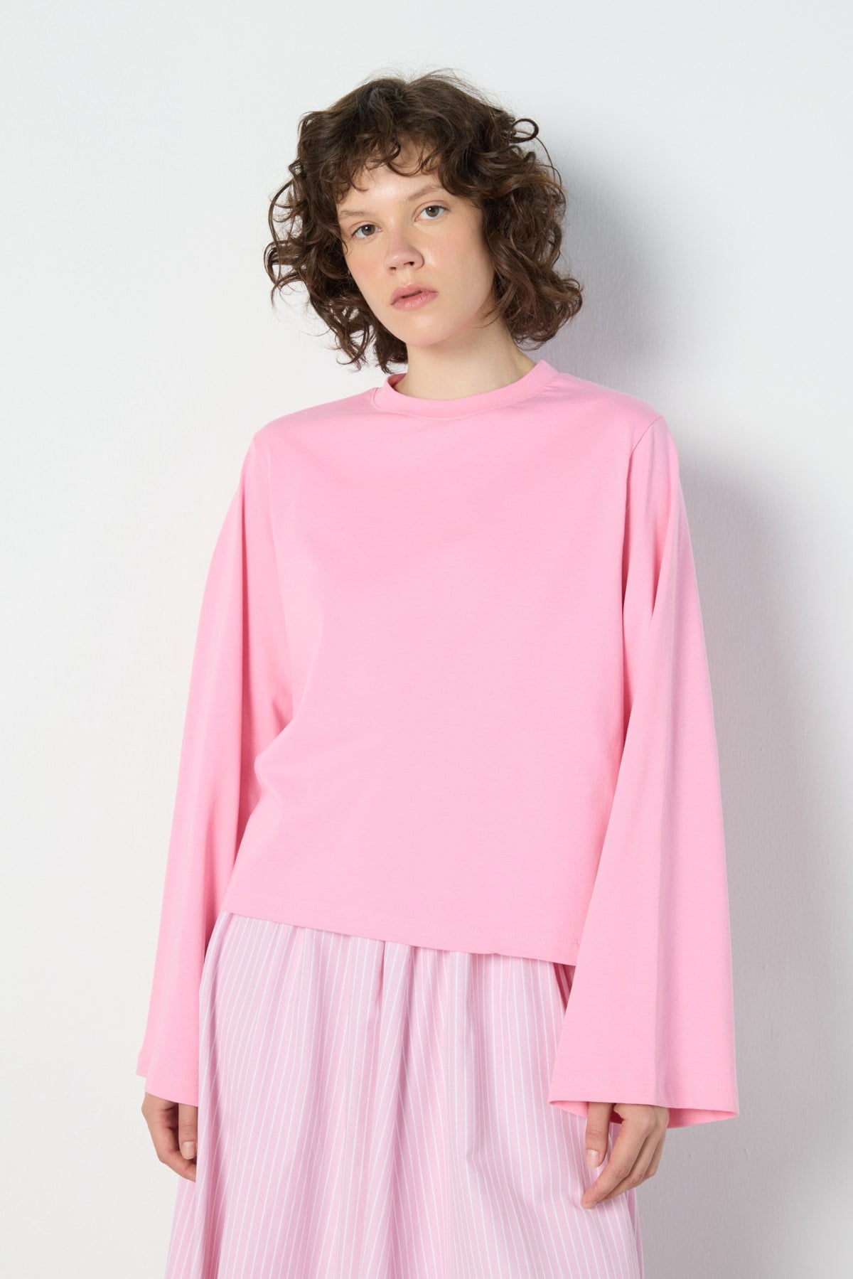 Crop Geniş Kol Oversize Basic T-shirt Pembe