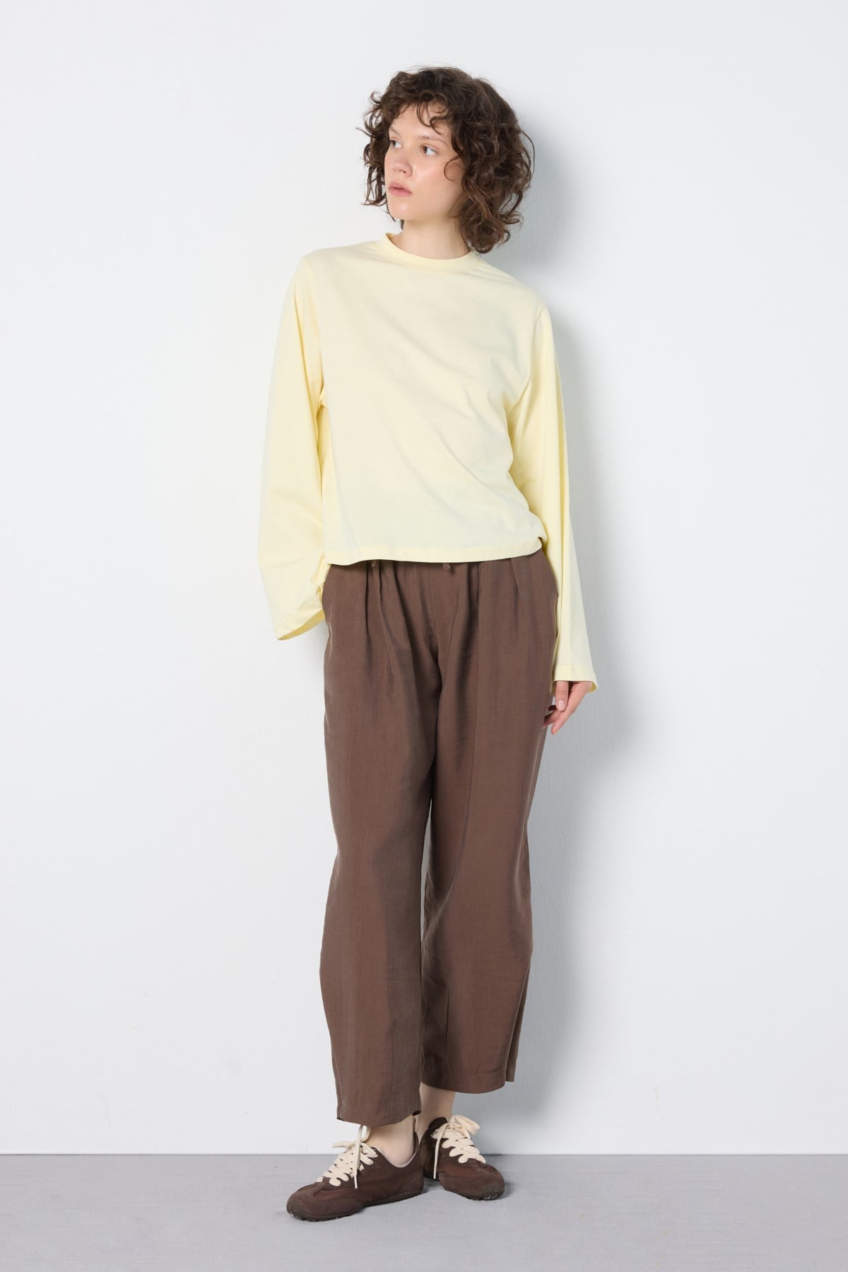 Crop Geniş Kol Oversize Basic T-shirt Sarı