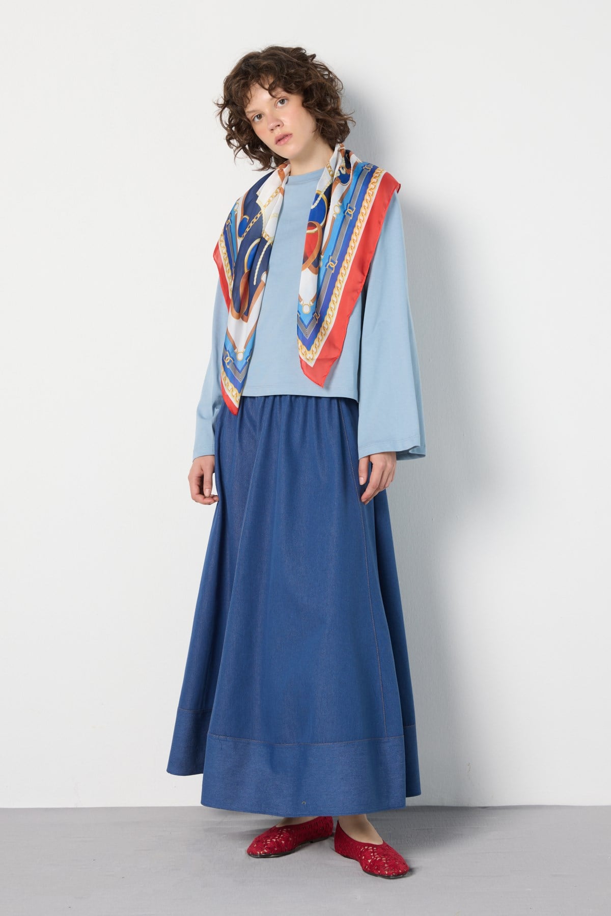 Crop Geniş Kol Oversize Basic T-shirt Mavi