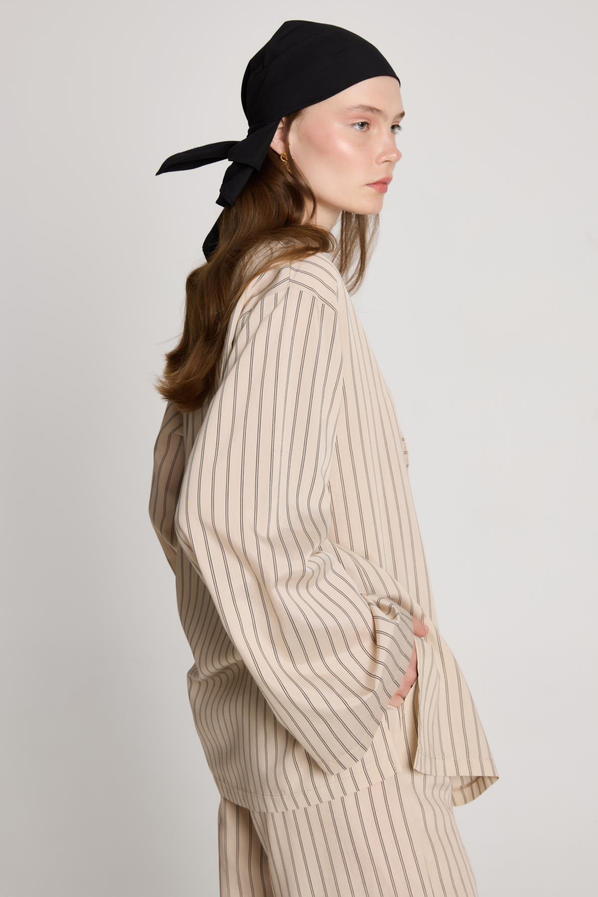 Darrell Çizgili Bağlamalı Gömlek/Pantolon Takım Bej 