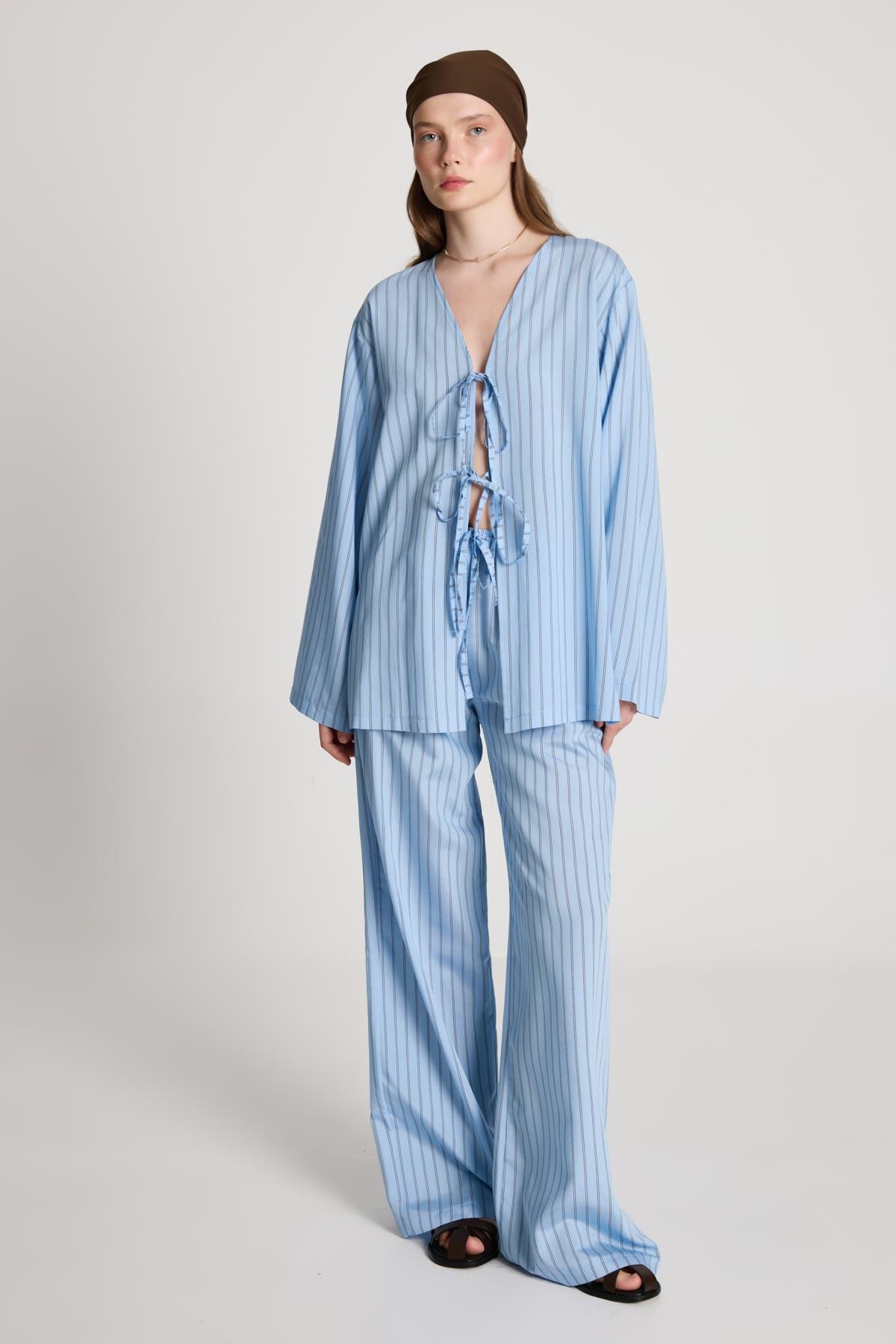 Darrell Çizgili Bağlamalı Gömlek/Pantolon Takım Mavi