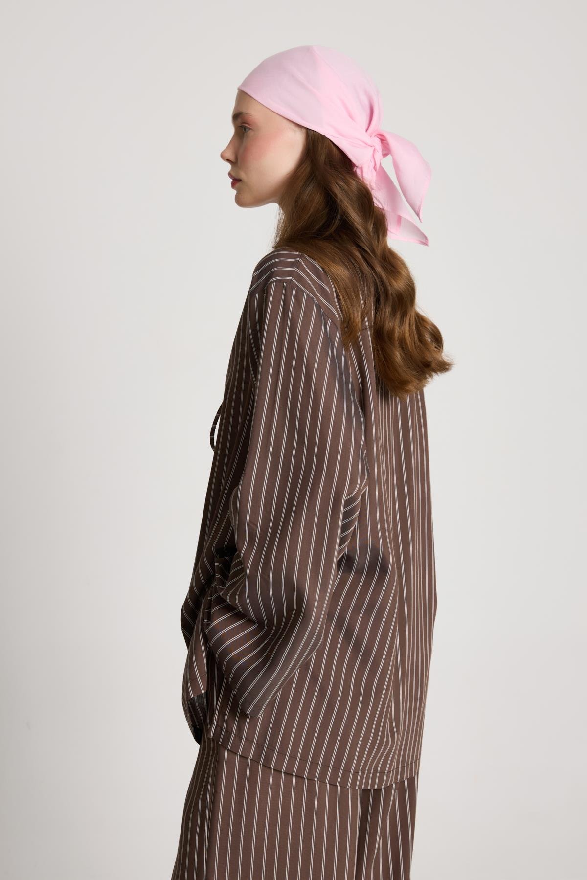 Darrell Çizgili Bağlamalı Gömlek/Pantolon Takım Kahve