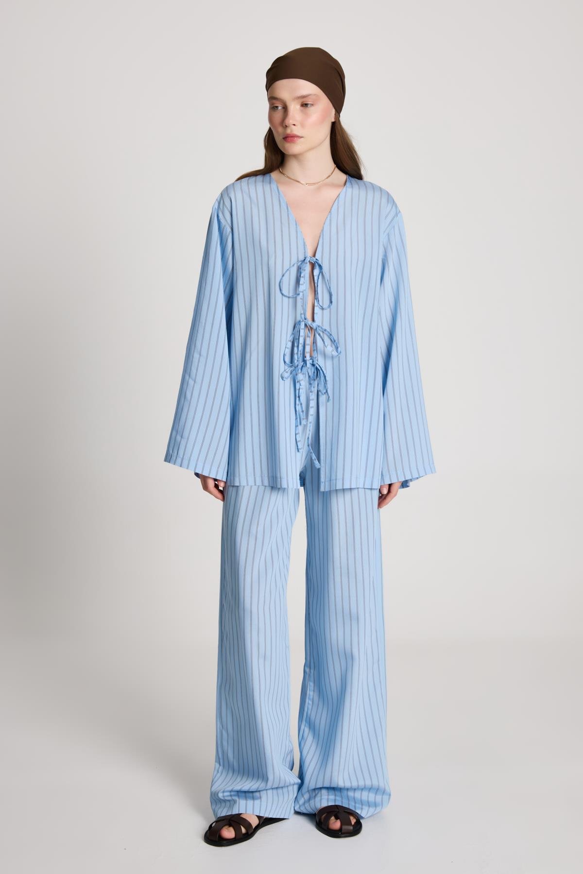 Darrell Çizgili Bağlamalı Gömlek/Pantolon Takım Mavi