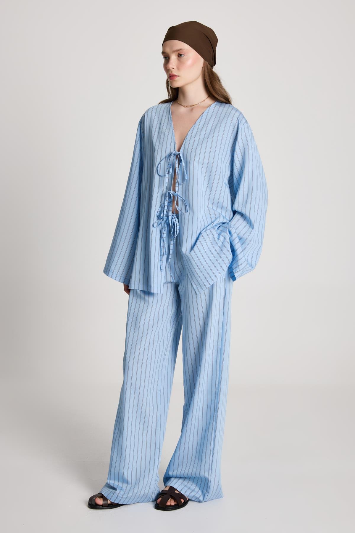 Darrell Çizgili Bağlamalı Gömlek/Pantolon Takım Mavi