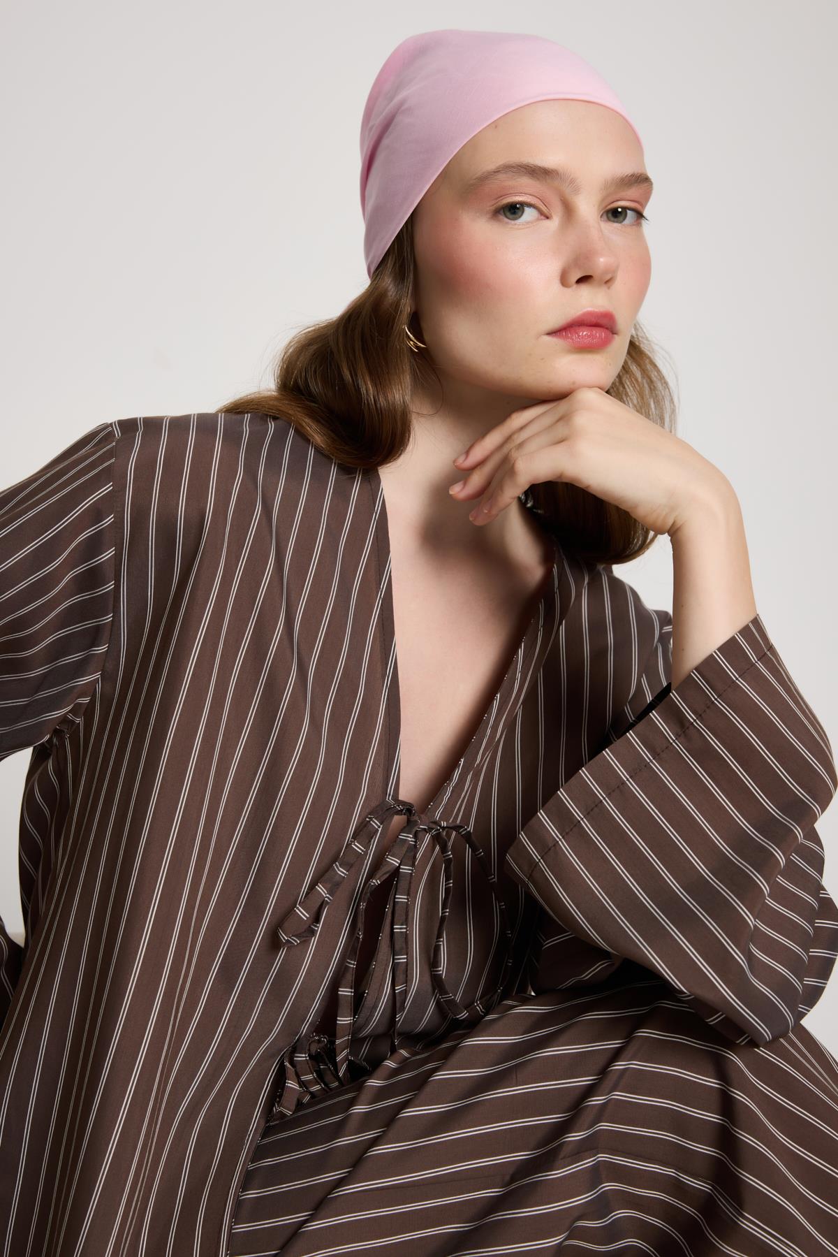 Darrell Çizgili Bağlamalı Gömlek/Pantolon Takım Kahve