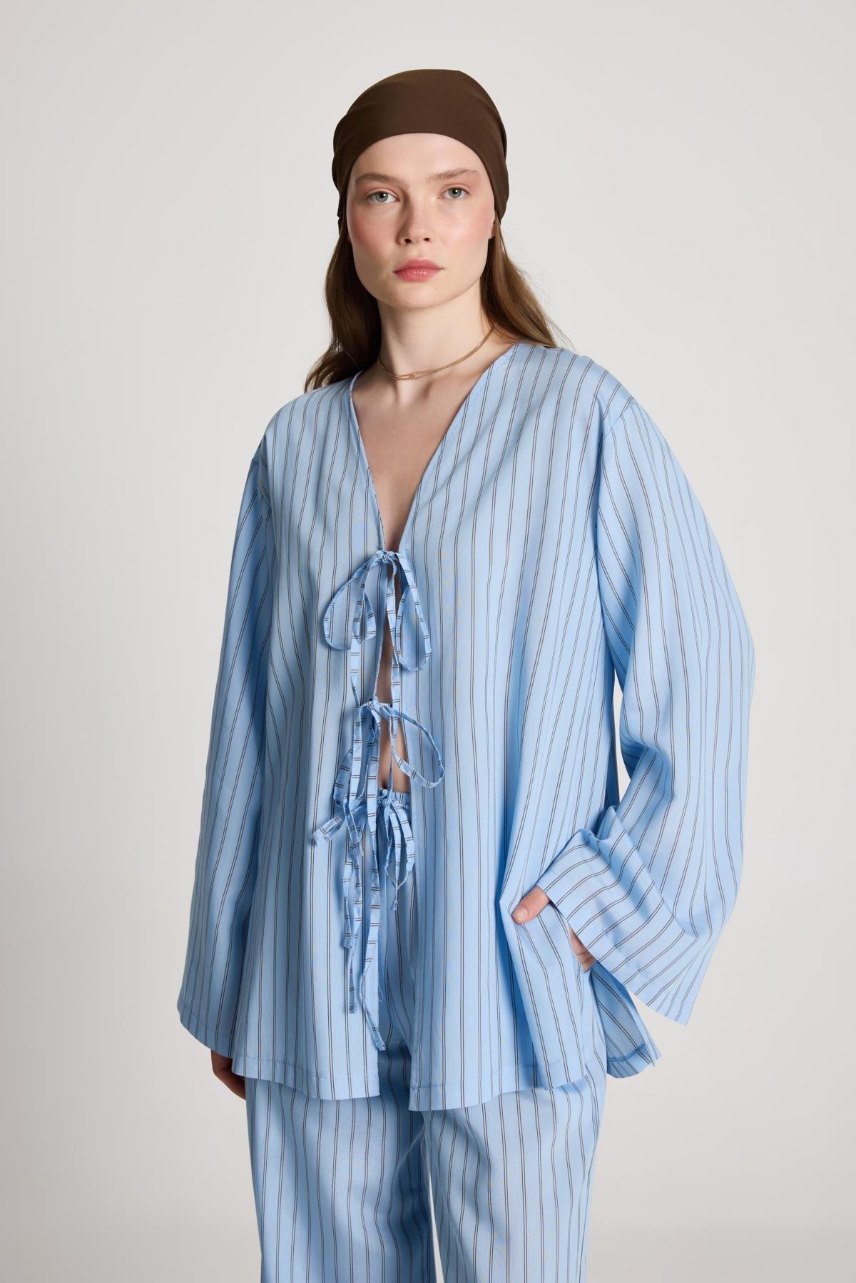 Darrell Çizgili Bağlamalı Gömlek/Pantolon Takım Mavi