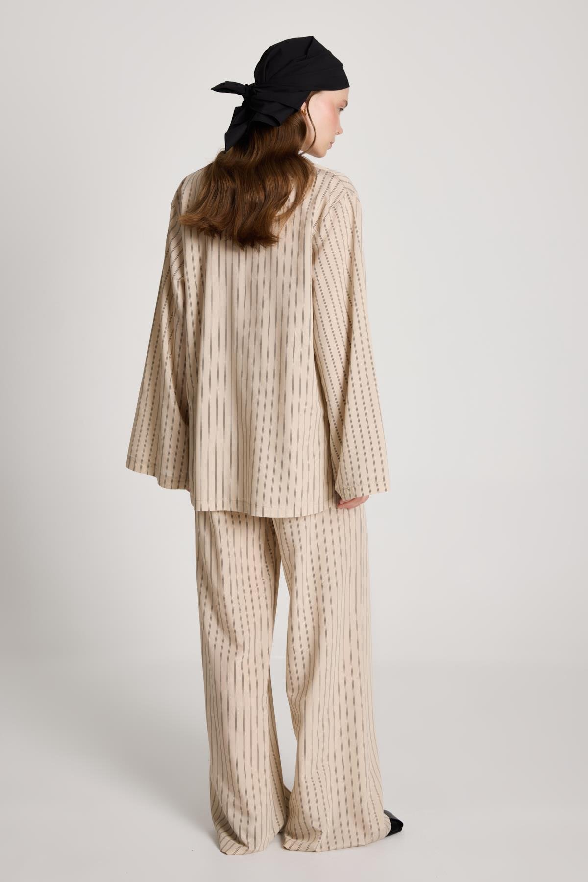Darrell Çizgili Bağlamalı Gömlek/Pantolon Takım Bej 