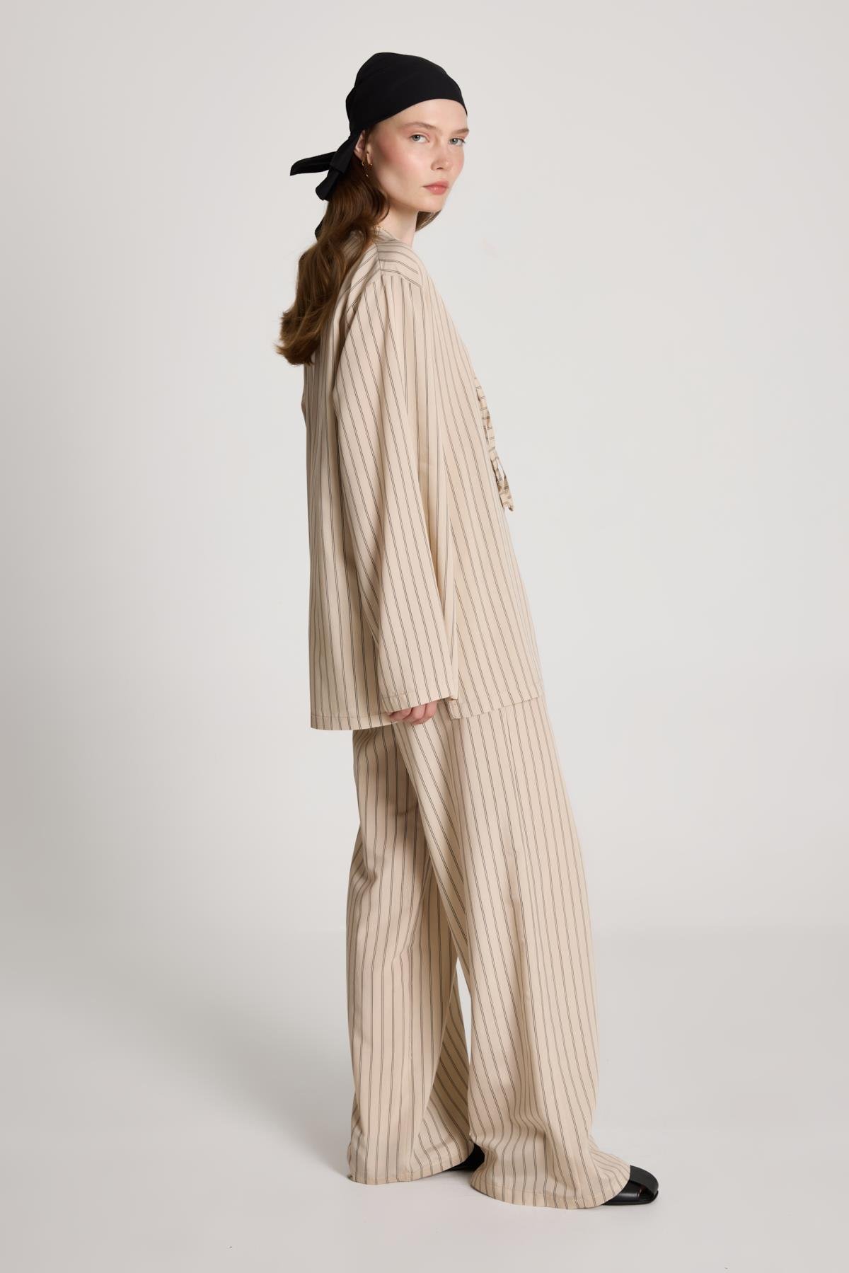 Darrell Çizgili Bağlamalı Gömlek/Pantolon Takım Bej 