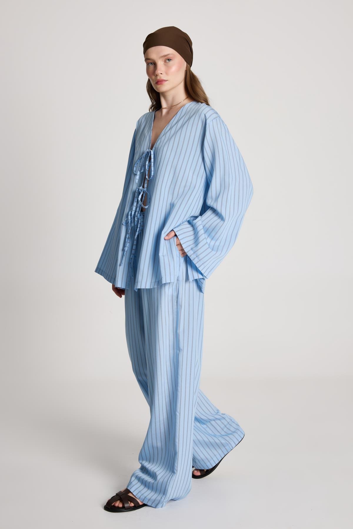 Darrell Çizgili Bağlamalı Gömlek/Pantolon Takım Mavi