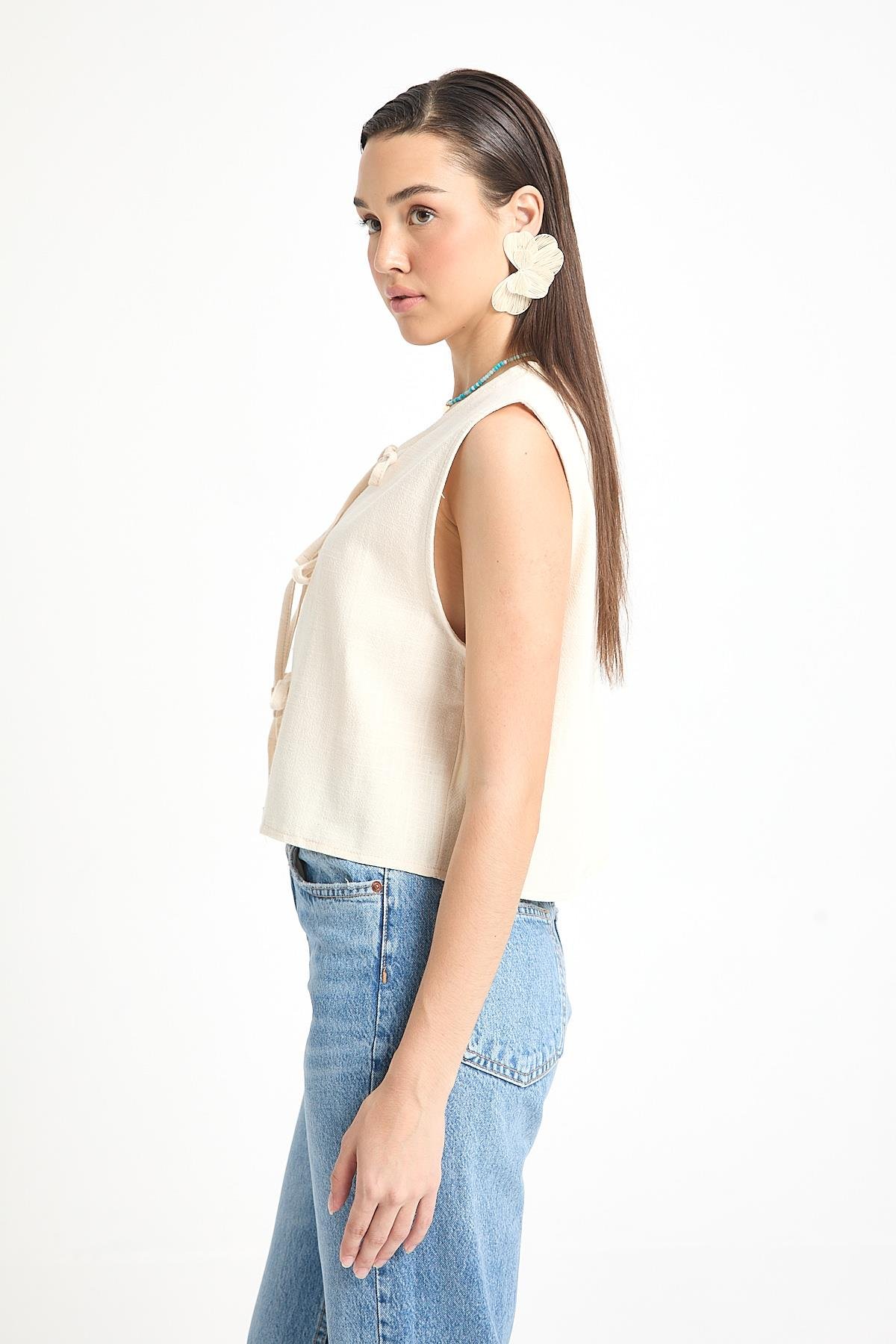 Ekru Bağcıklı Kısa %100 Pamuk Yelek 29204