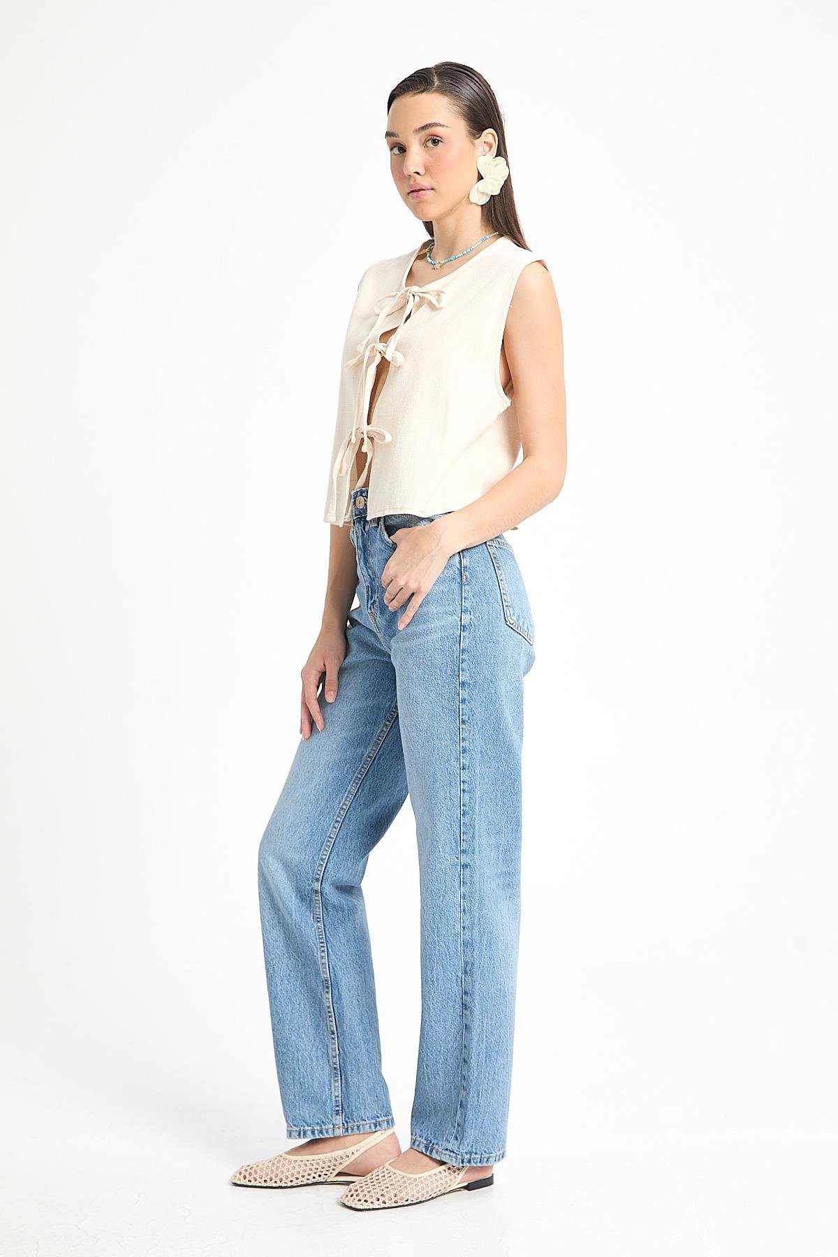 Ekru Bağcıklı Kısa %100 Pamuk Yelek 29204