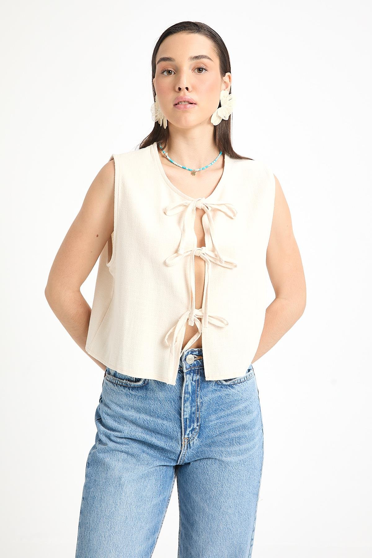 Ekru Bağcıklı Kısa %100 Pamuk Yelek 29204