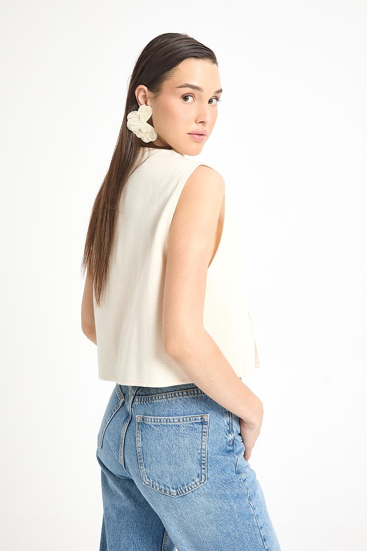 Ekru Bağcıklı Kısa %100 Pamuk Yelek 29204